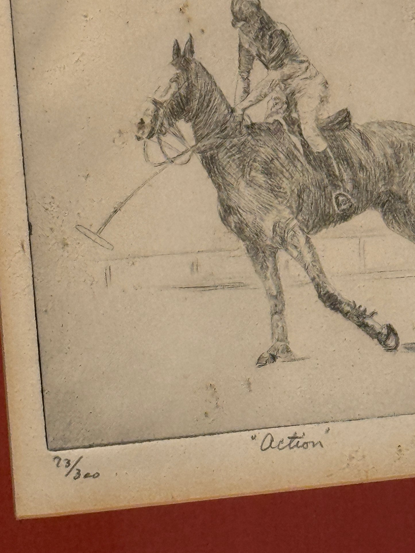 A.H. Stanley Horse and Rider Polo Etching in Gold Frame