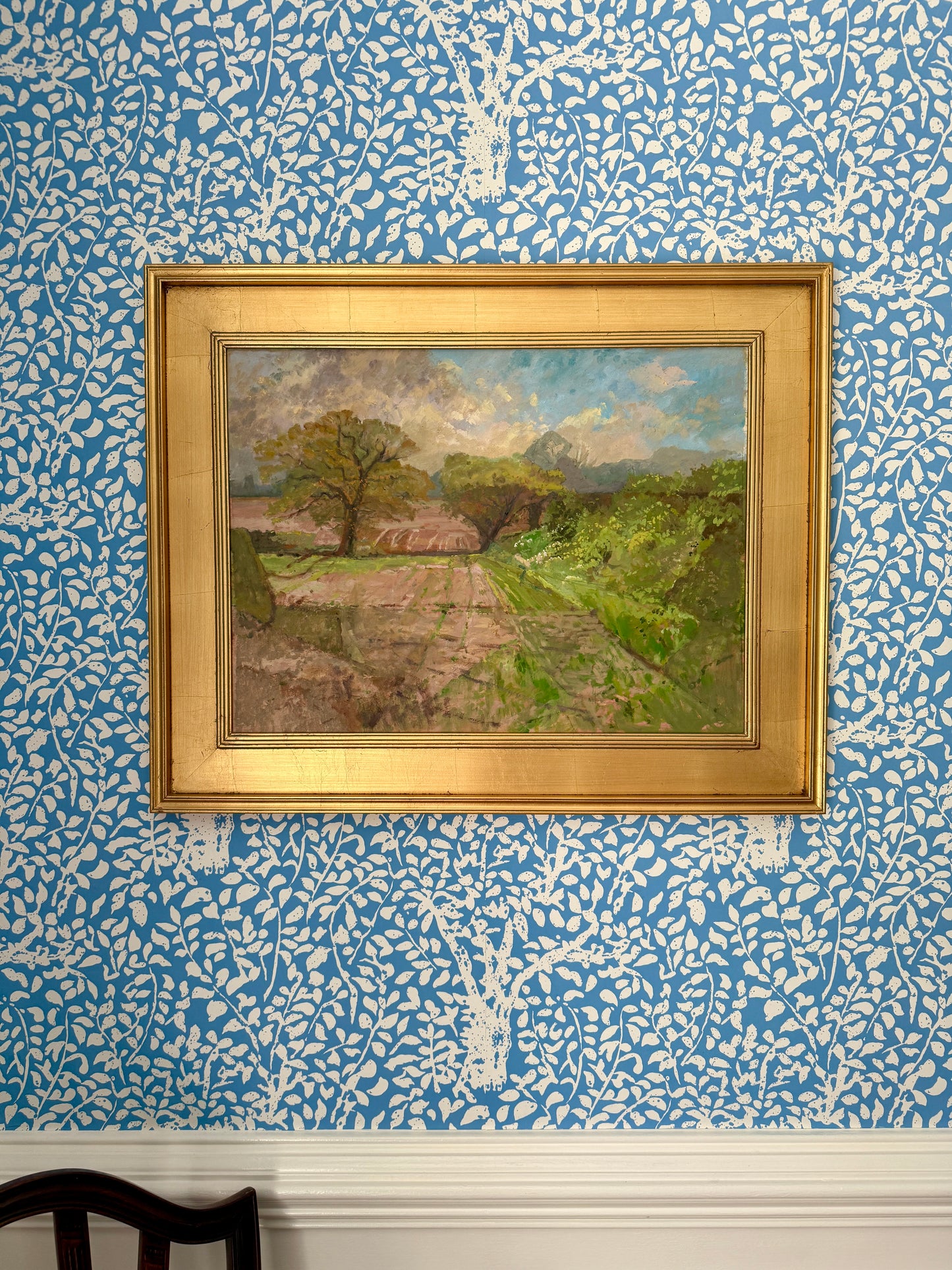 Vintage Impressionist Sunny Spring Farm Landscape Oil Painting in Gold Frame