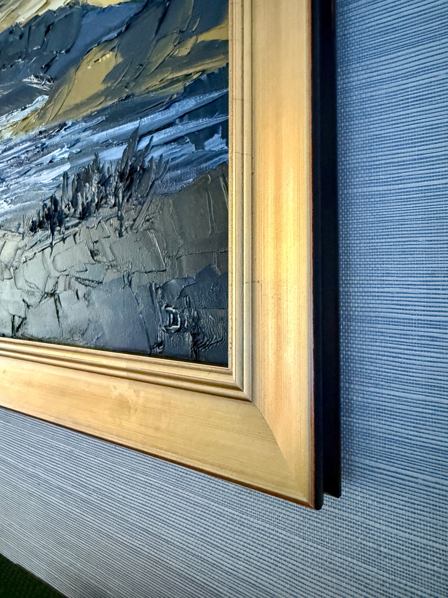 Moody Scottish Loch Mountain Landscape at Sunset Impasto Oil Painting in Gold Frame