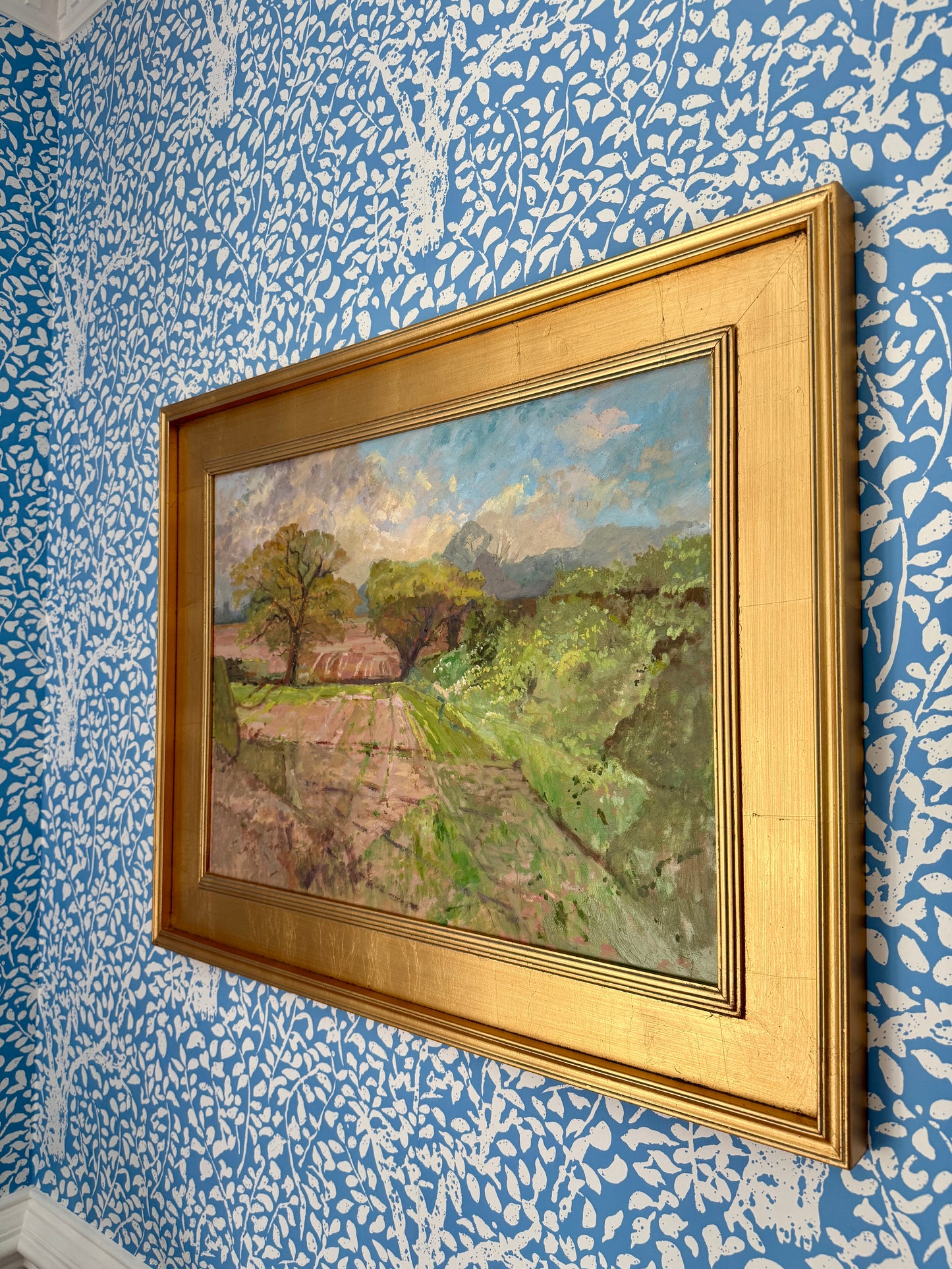 Vintage Impressionist Sunny Spring Farm Landscape Oil Painting in Gold Frame