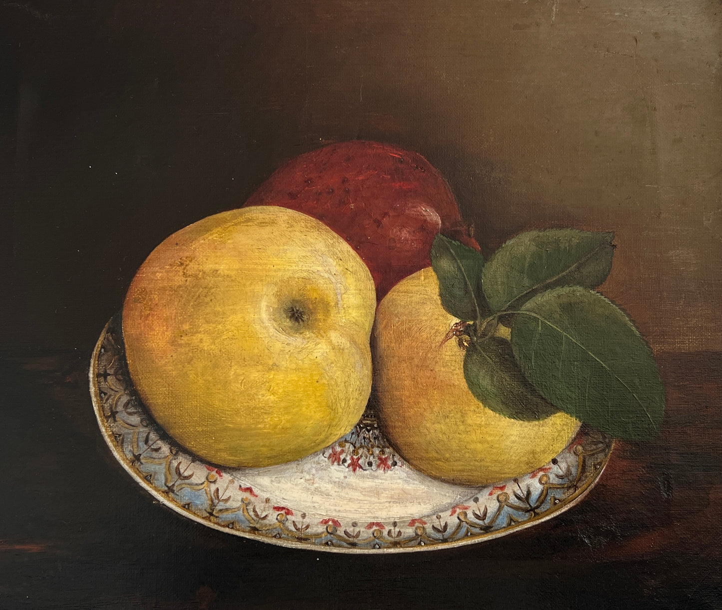 19th Century Still Life Fruit on Plate Oil Painting in Lemon Gold Frame