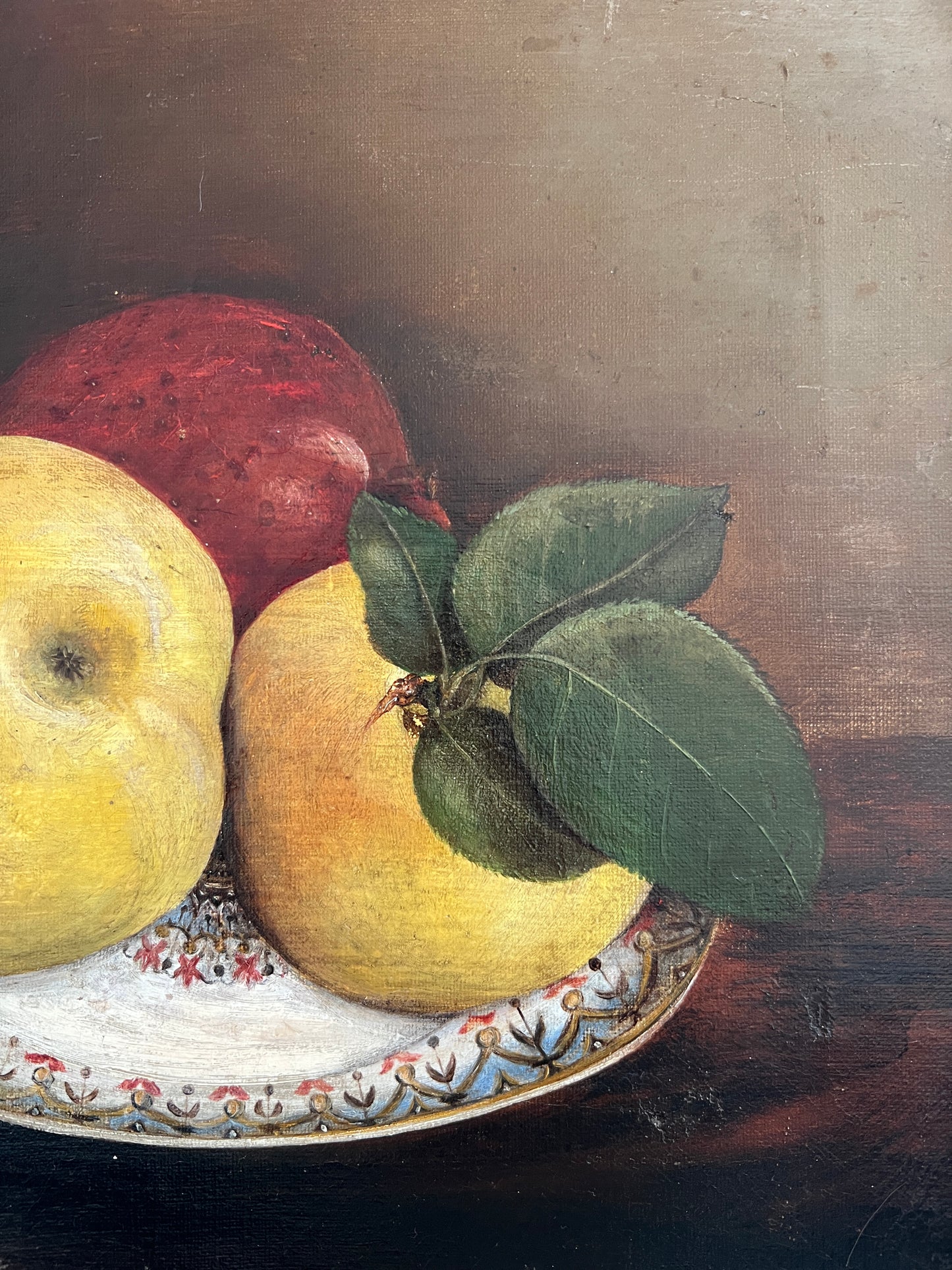 19th Century Still Life Fruit on Plate Oil Painting in Lemon Gold Frame