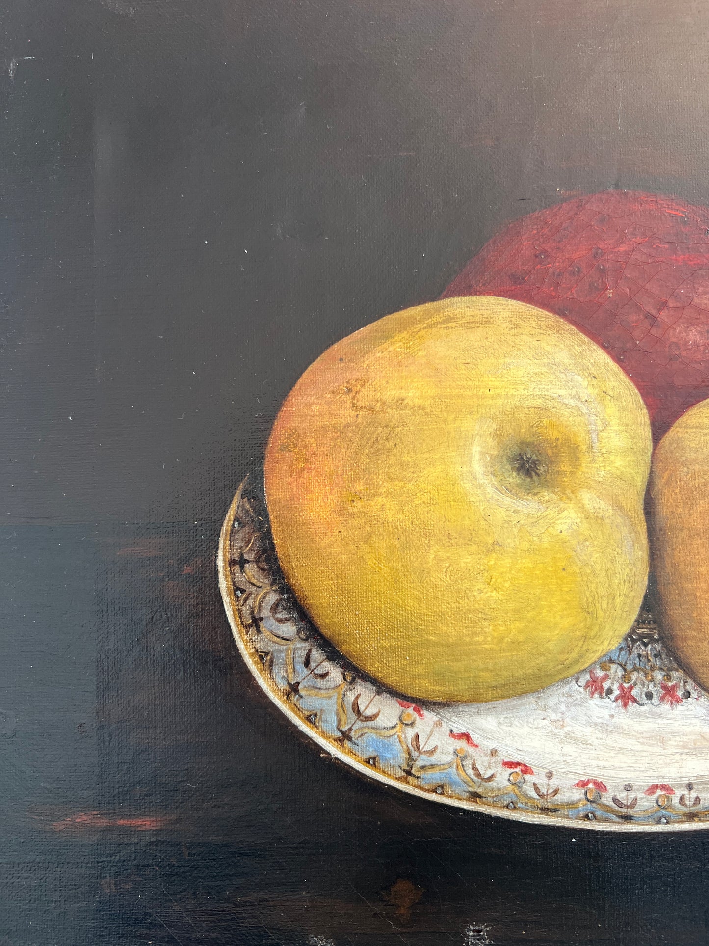 19th Century Still Life Fruit on Plate Oil Painting in Lemon Gold Frame