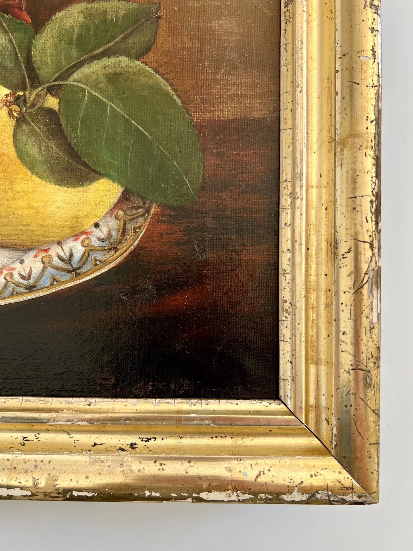 19th Century Still Life Fruit on Plate Oil Painting in Lemon Gold Frame