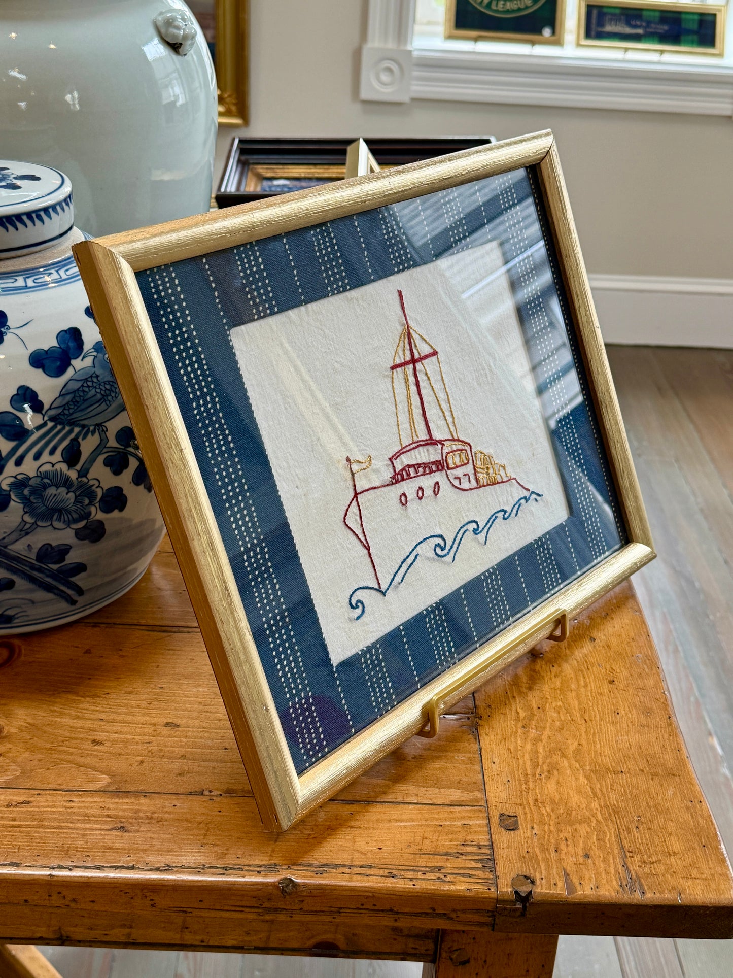 Tugboat Vintage Redwork Embroidery on Navy Stitched Stripes in Gold Frame