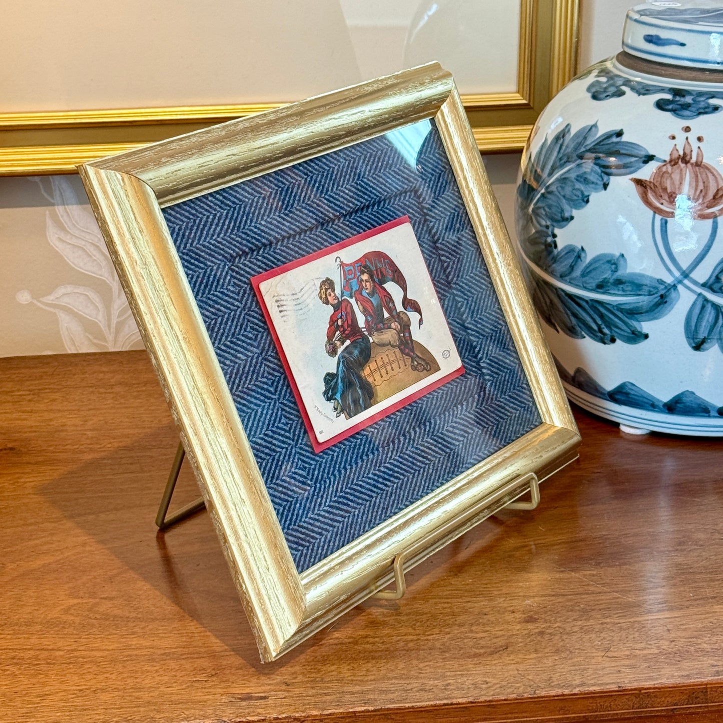 1908 University of Pennsylvania Postcard on Ralph Lauren Navy Herringbone in Gold Frame