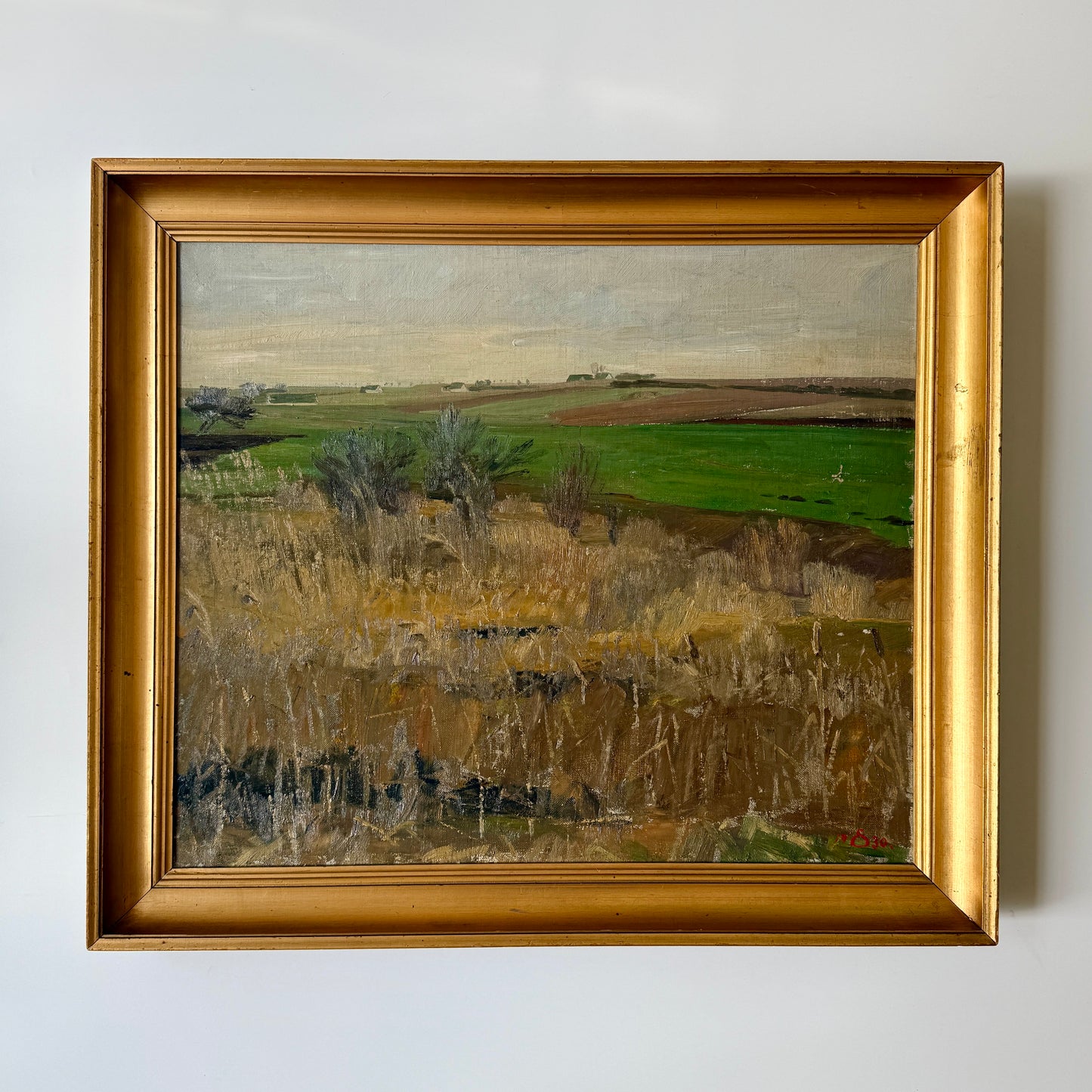 Edvard Sarvig 1930 Modernist Rolling Country Landscape Oil Painting in Gold Frame