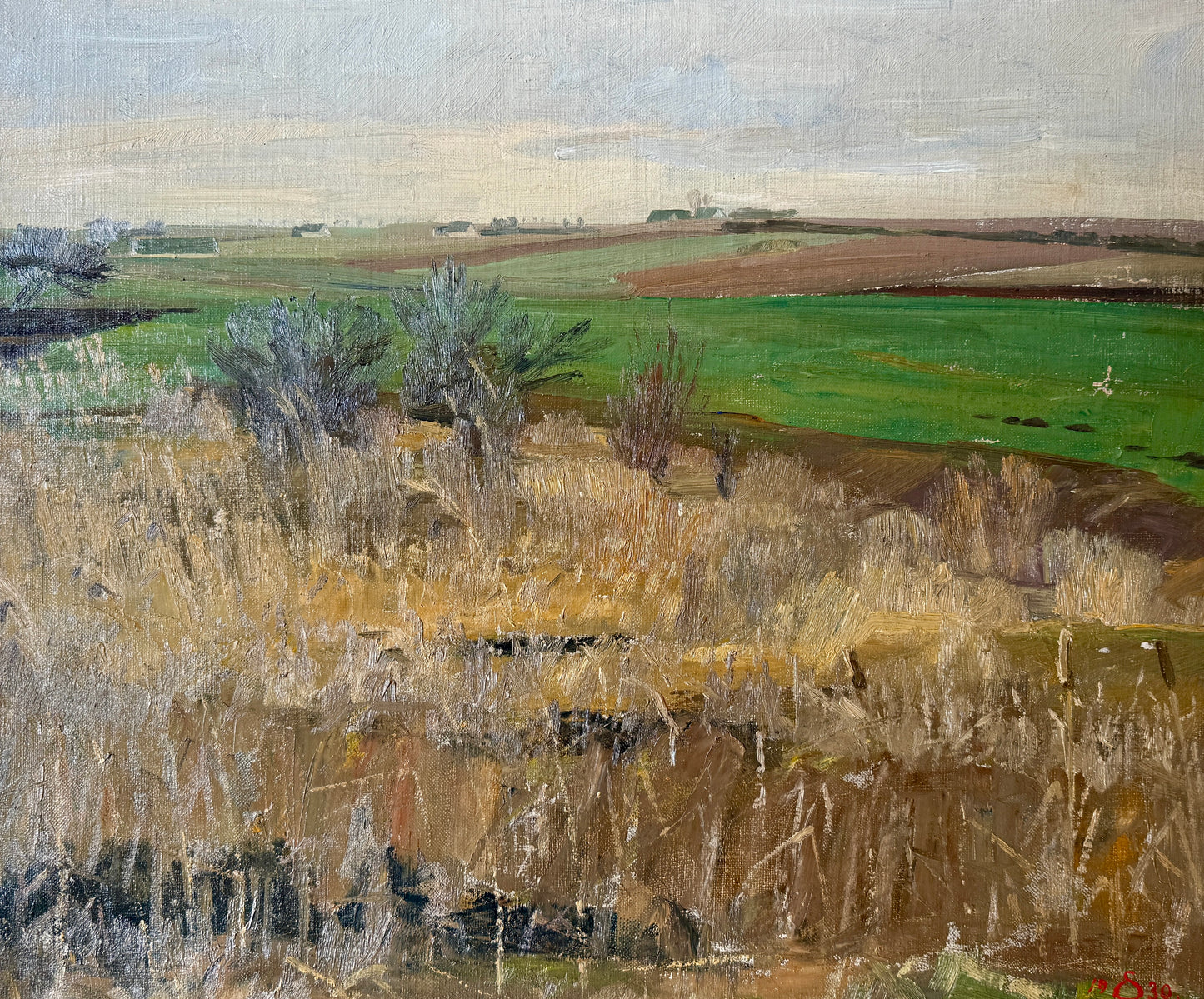 Edvard Sarvig 1930 Modernist Rolling Country Landscape Oil Painting in Gold Frame