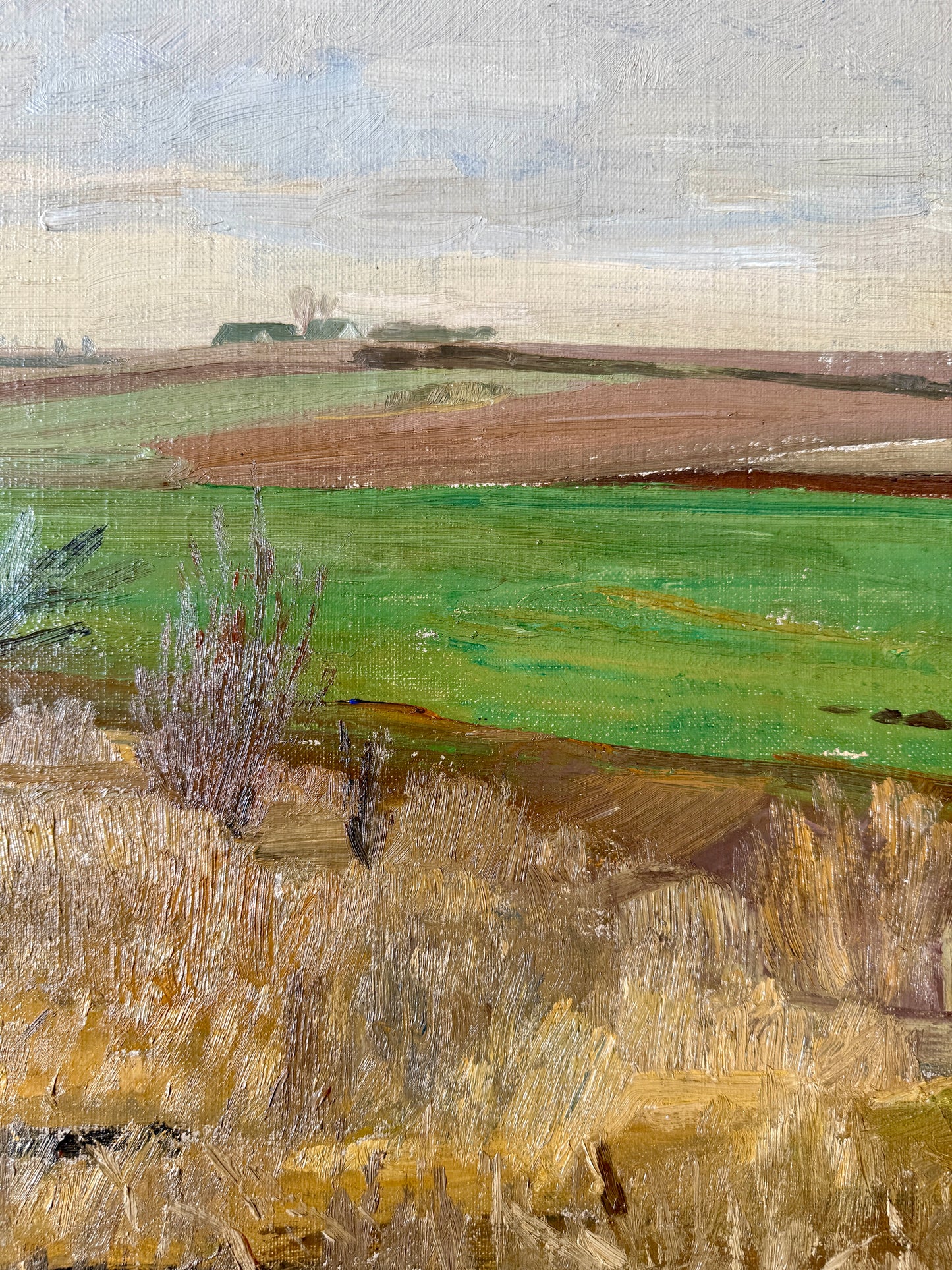 Edvard Sarvig 1930 Modernist Rolling Country Landscape Oil Painting in Gold Frame