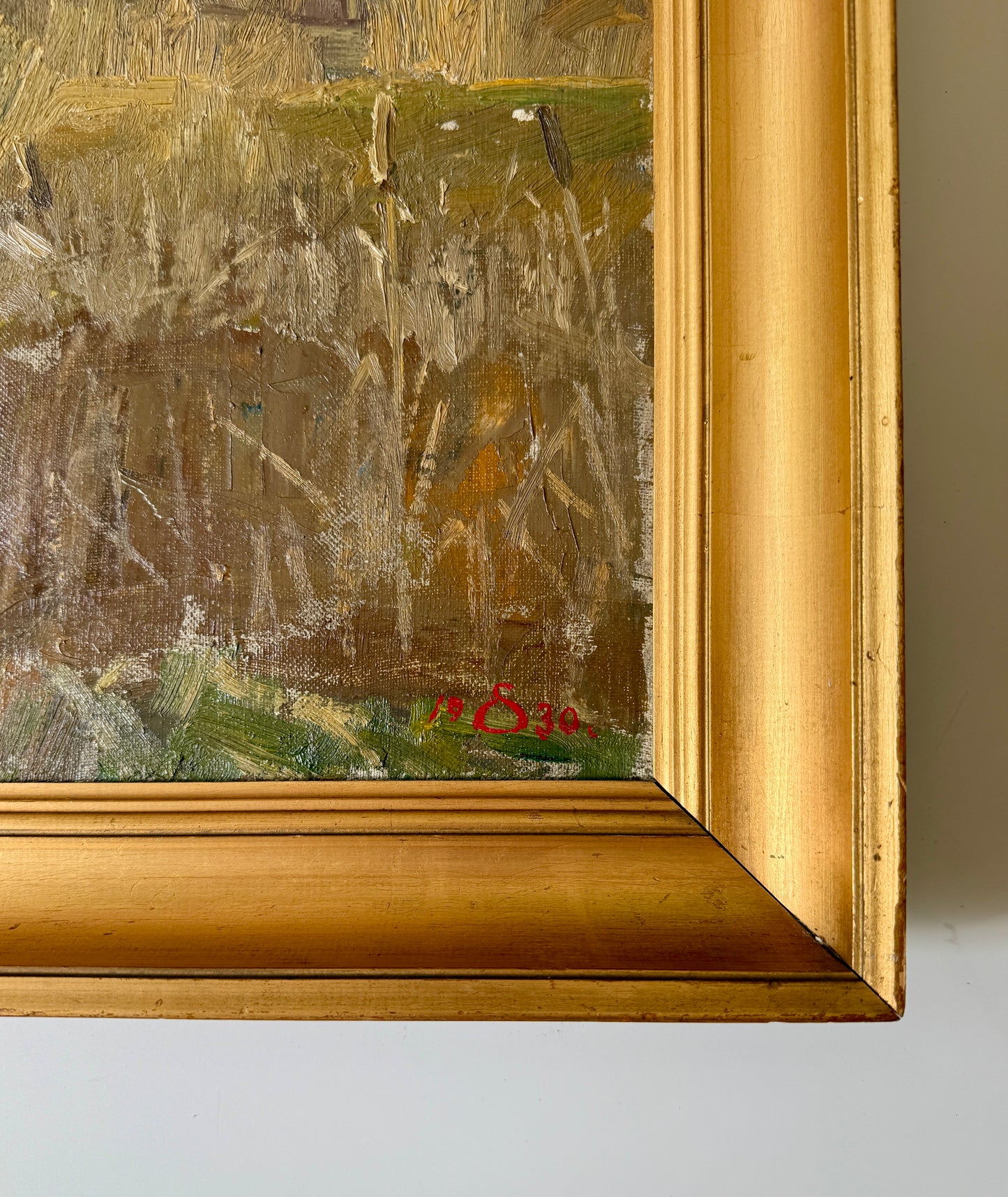 Edvard Sarvig 1930 Modernist Rolling Country Landscape Oil Painting in Gold Frame