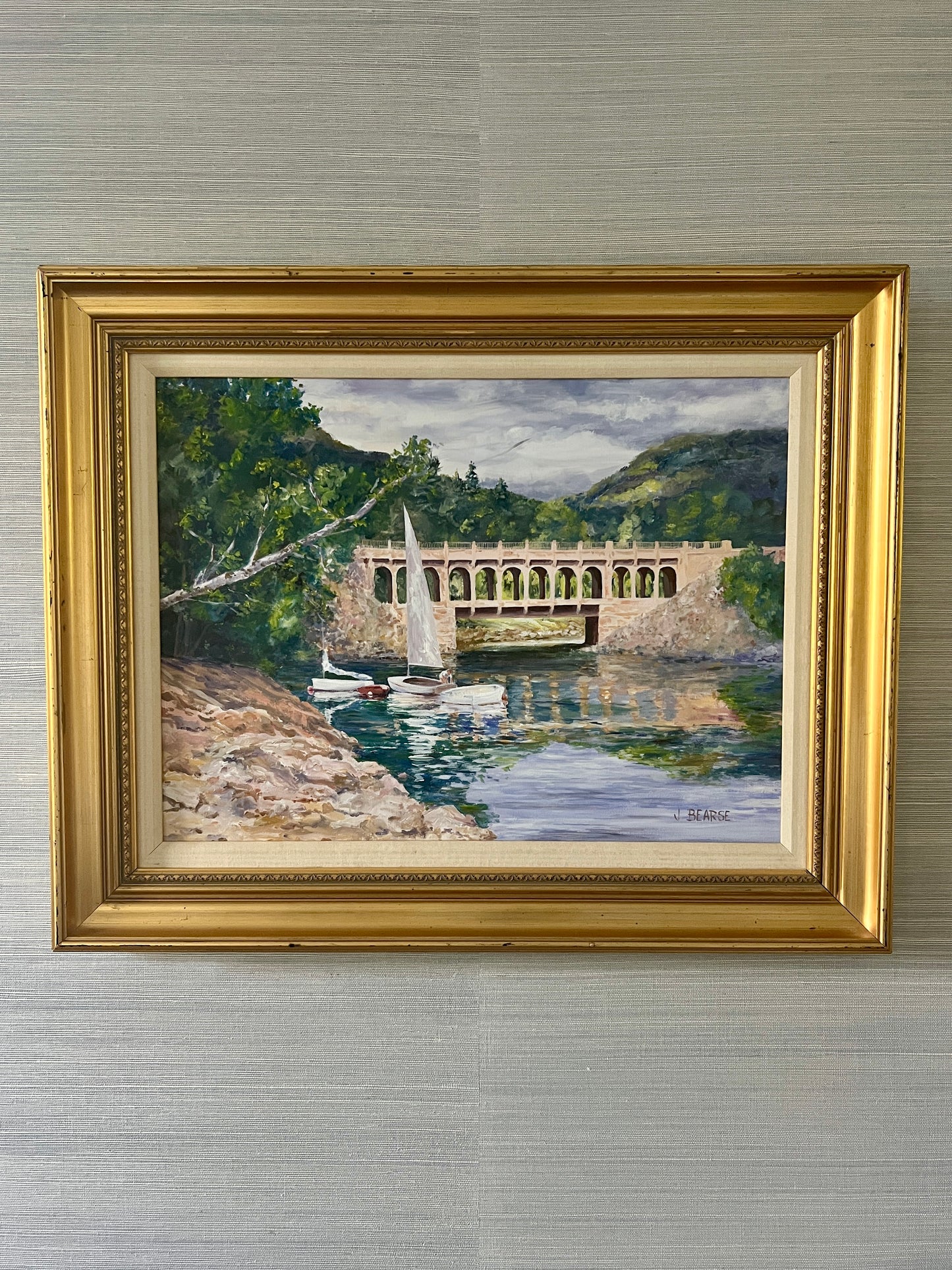 Sailboats at Ducktrap Bridge Lincolnville Maine Oil Painting in Gold Frame