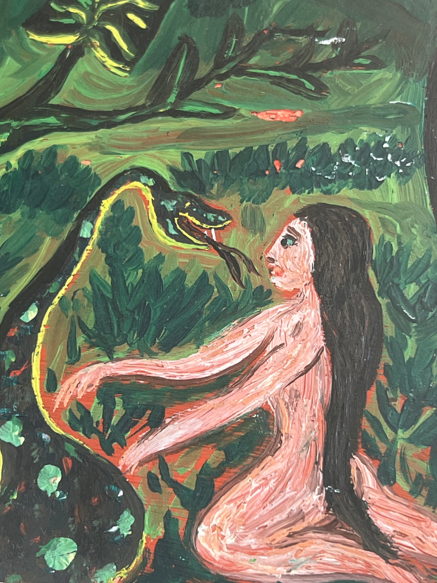 Vintage Eve and the Serpent in the Garden of Eden Folk Oil Painting in Acrylic Frame