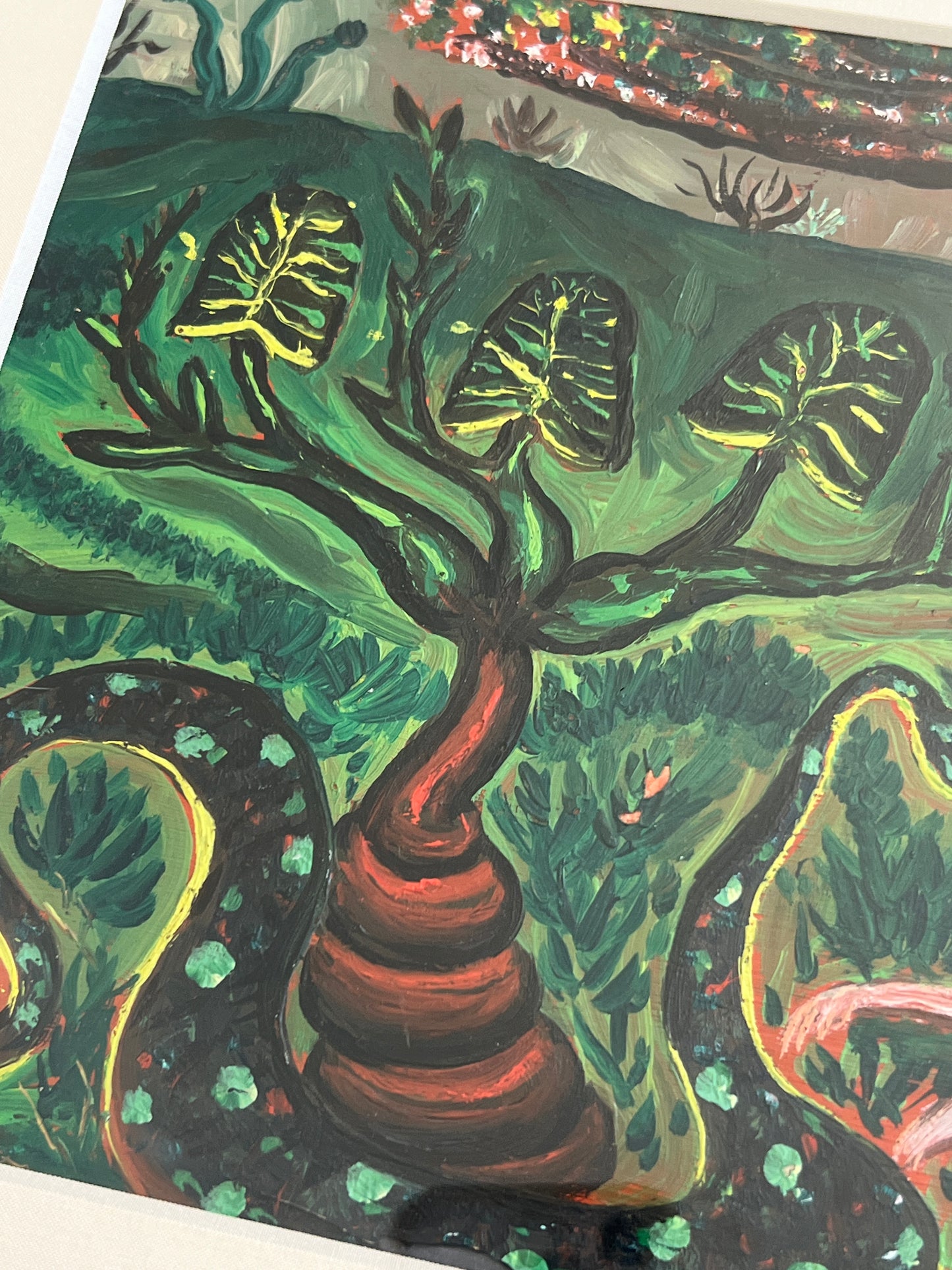 Vintage Eve and the Serpent in the Garden of Eden Folk Oil Painting in Acrylic Frame