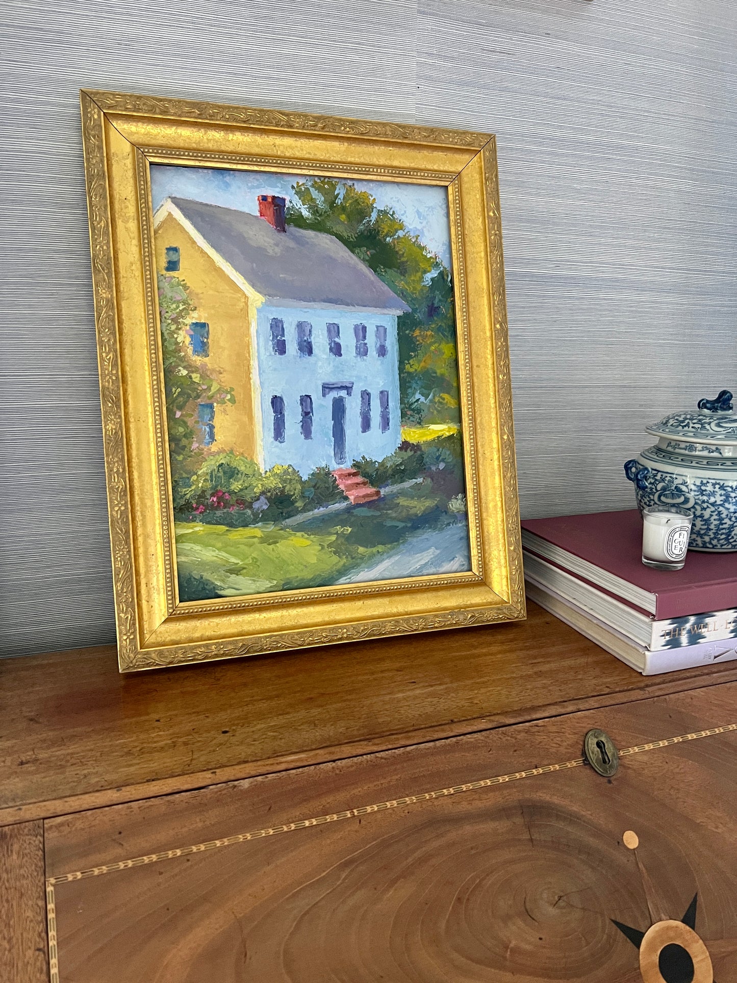 Vintage Yellow House on Main Street Impressionist Oil Painting in Gold Frame
