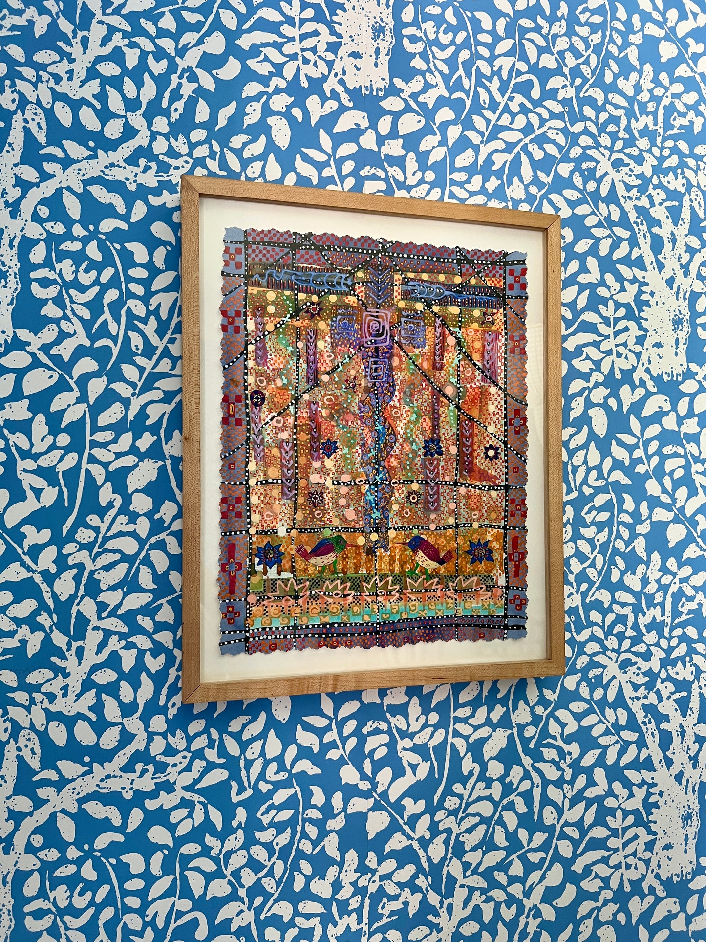 Trudy Kraft "Flora and Fauna #6" Mixed Media Geometric Birds in Natural Frame