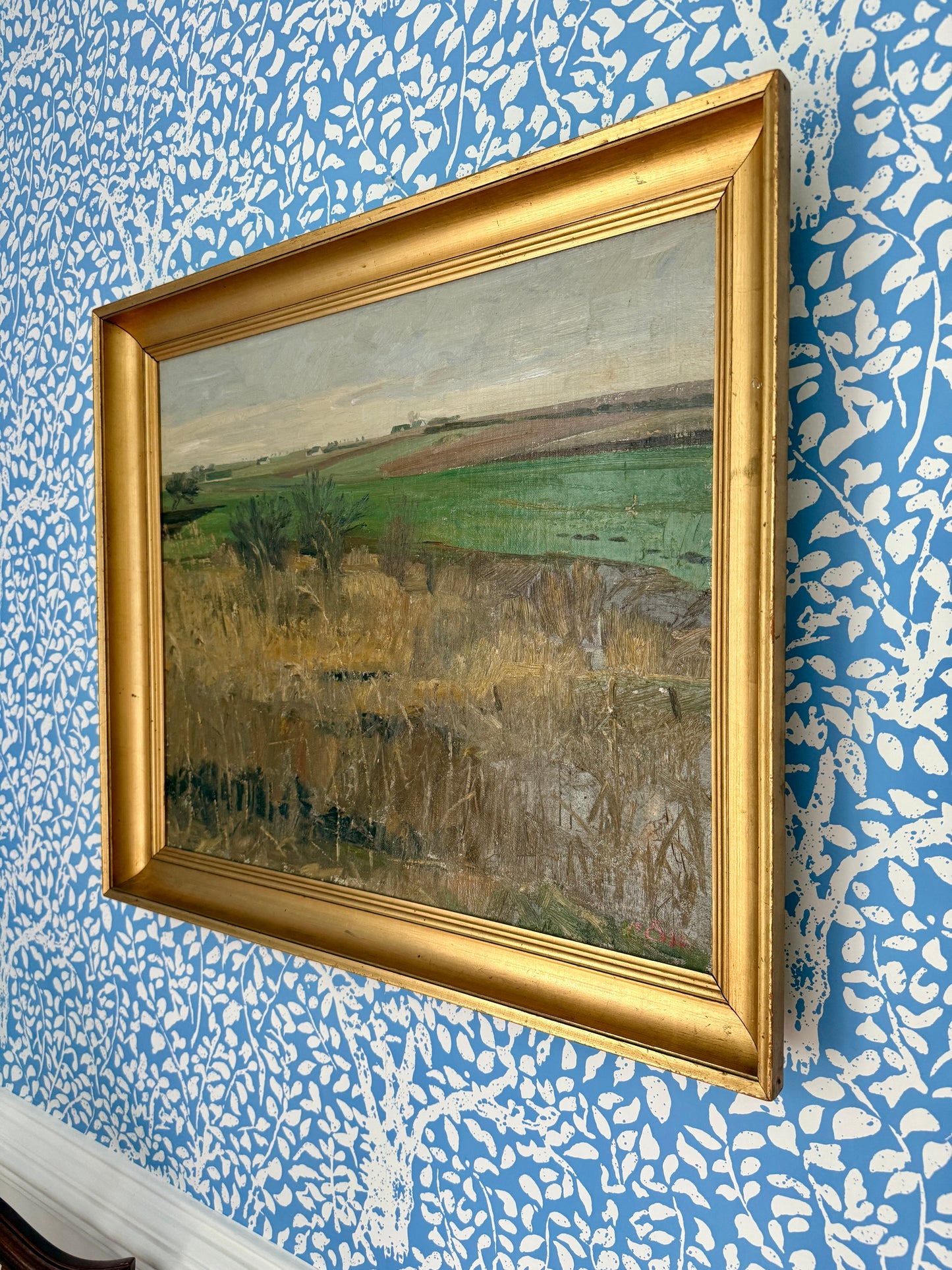 Edvard Sarvig 1930 Modernist Rolling Country Landscape Oil Painting in Gold Frame