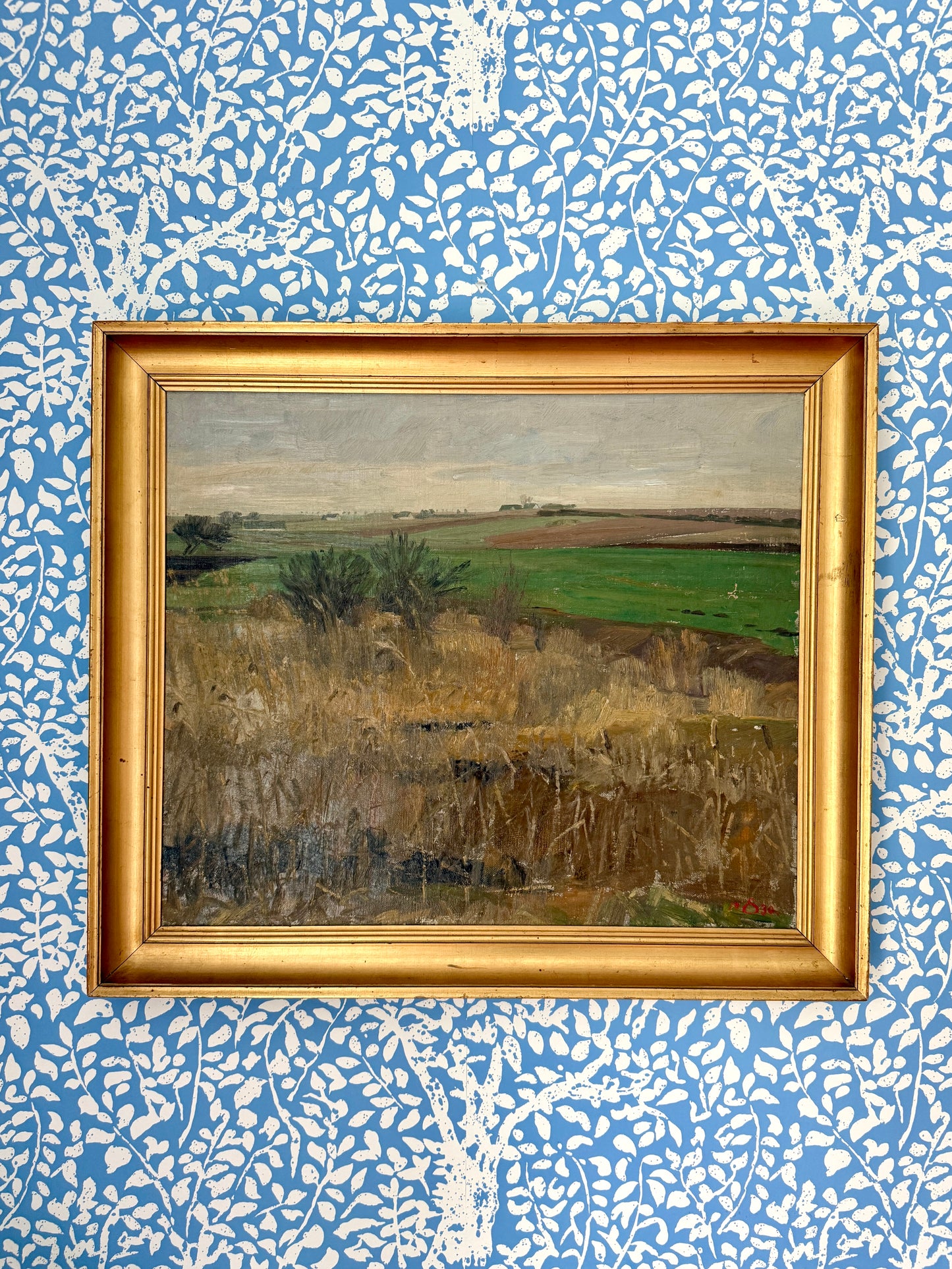 Edvard Sarvig 1930 Modernist Rolling Country Landscape Oil Painting in Gold Frame