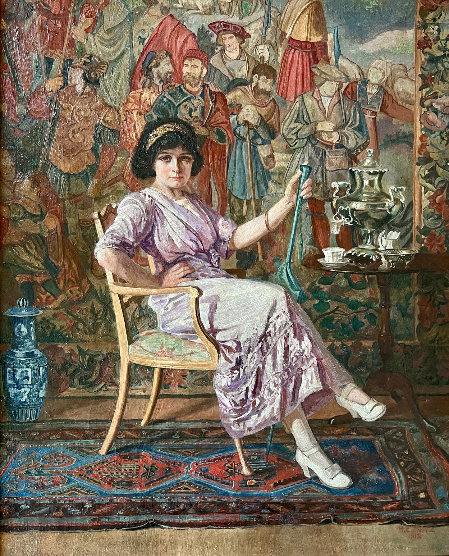 Henry Eugene Fritz (1875-1956) 1912 Oil Painting Portrait of Miss Schimang in Gold Frame