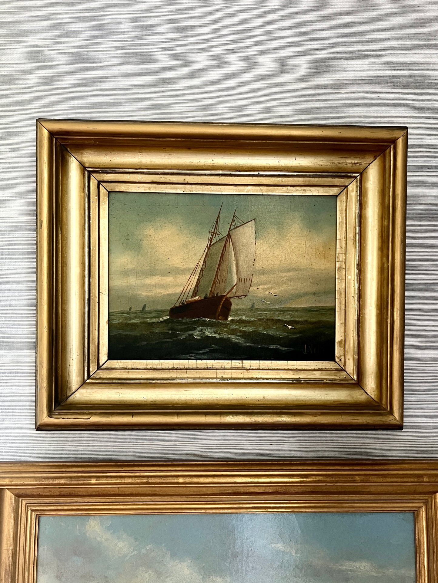 19th Century Sailboat Under Blue Skies Oil Painting in Original Gold Frame