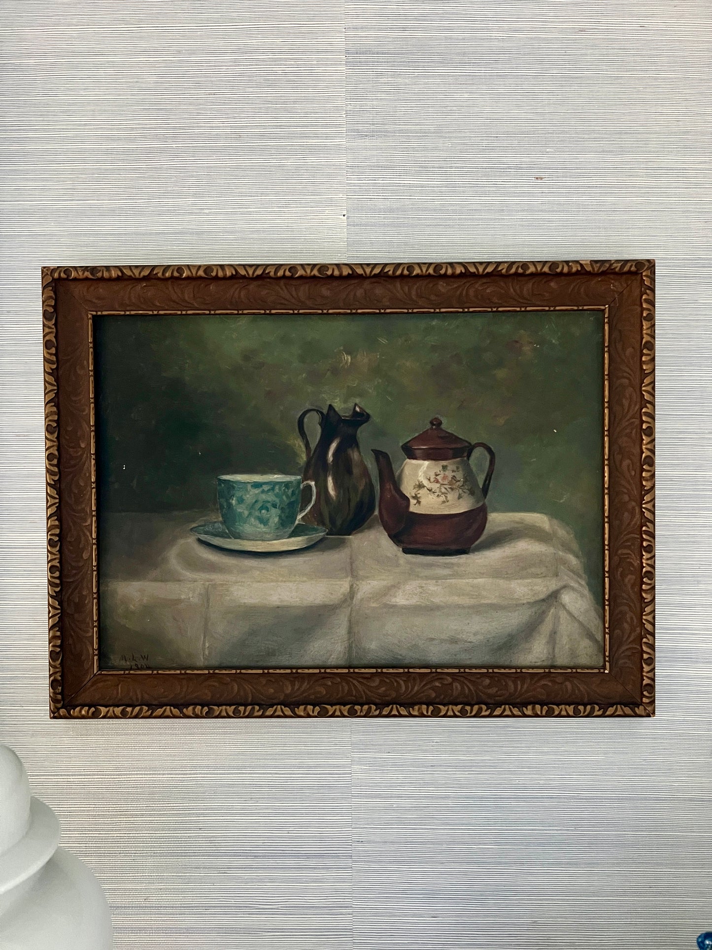 1904 Antique Teapot and Tea Cup Still Life Oil Painting in Carved Frame
