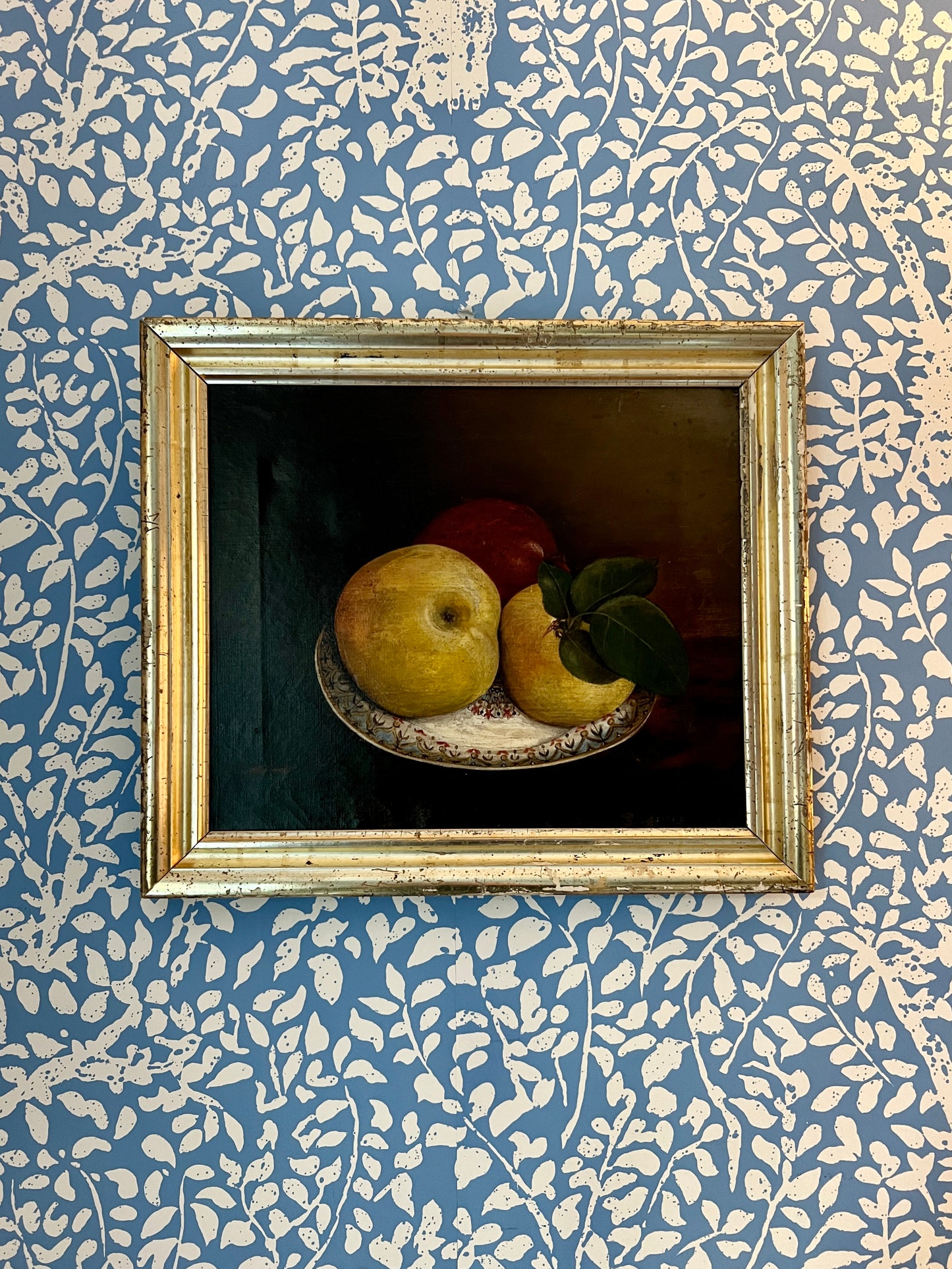 19th Century Still Life Fruit on Plate Oil Painting in Lemon Gold Frame