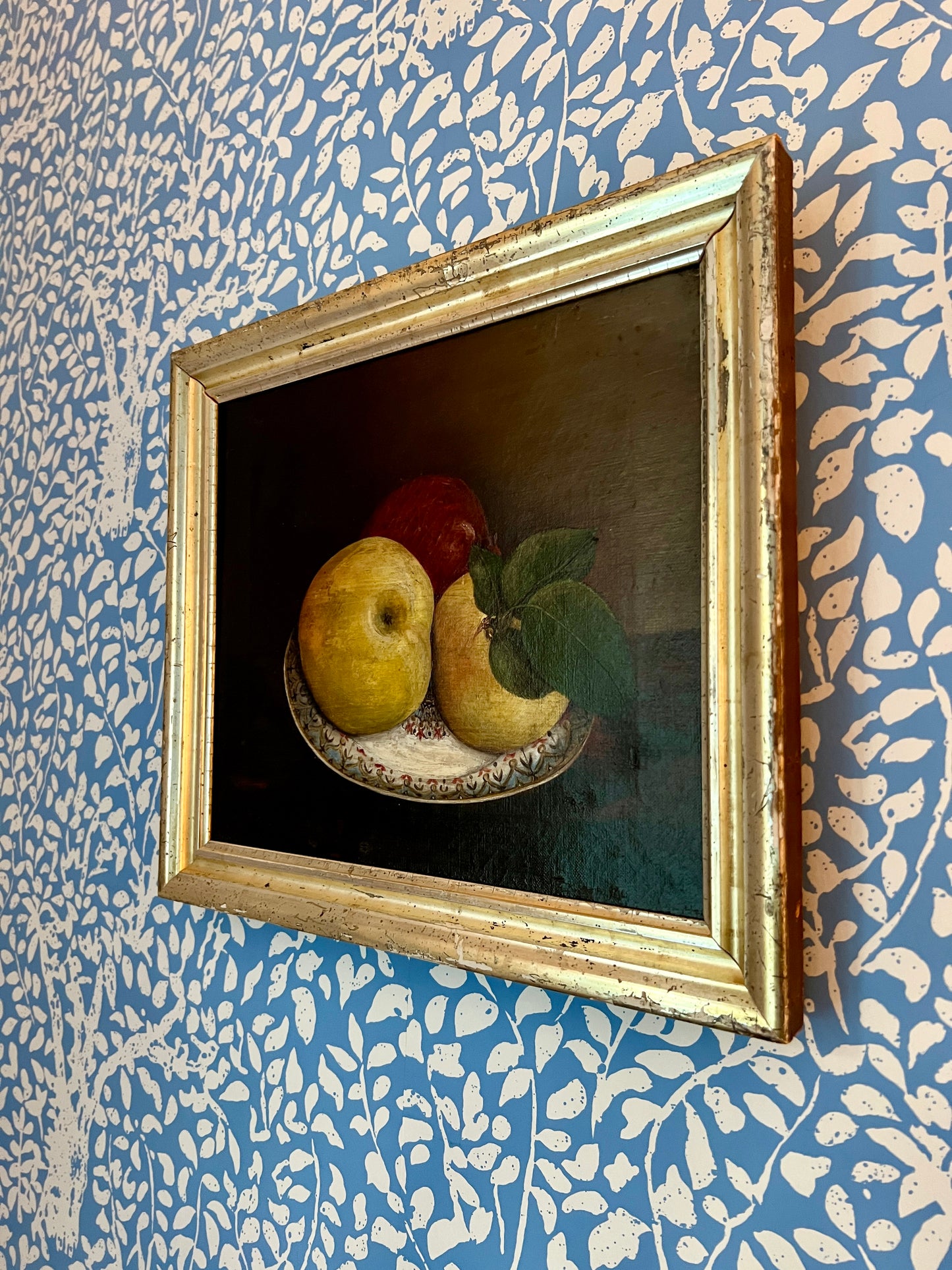 19th Century Still Life Fruit on Plate Oil Painting in Lemon Gold Frame