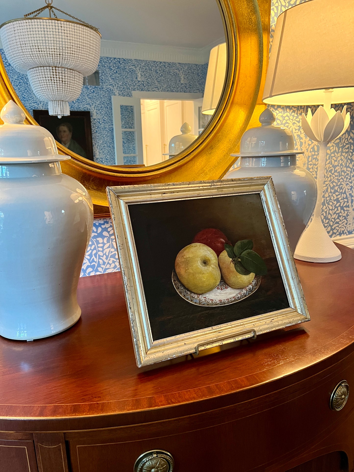 19th Century Still Life Fruit on Plate Oil Painting in Lemon Gold Frame