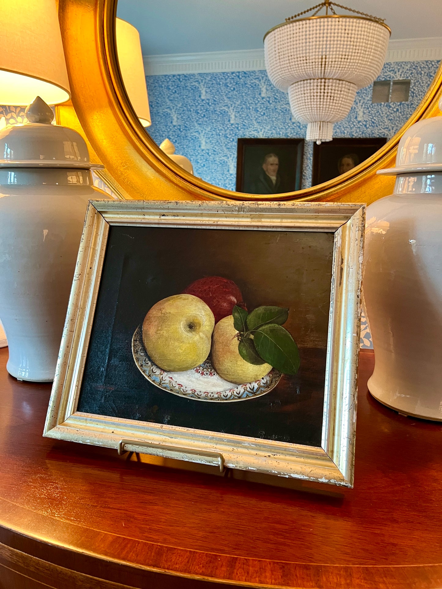 19th Century Still Life Fruit on Plate Oil Painting in Lemon Gold Frame