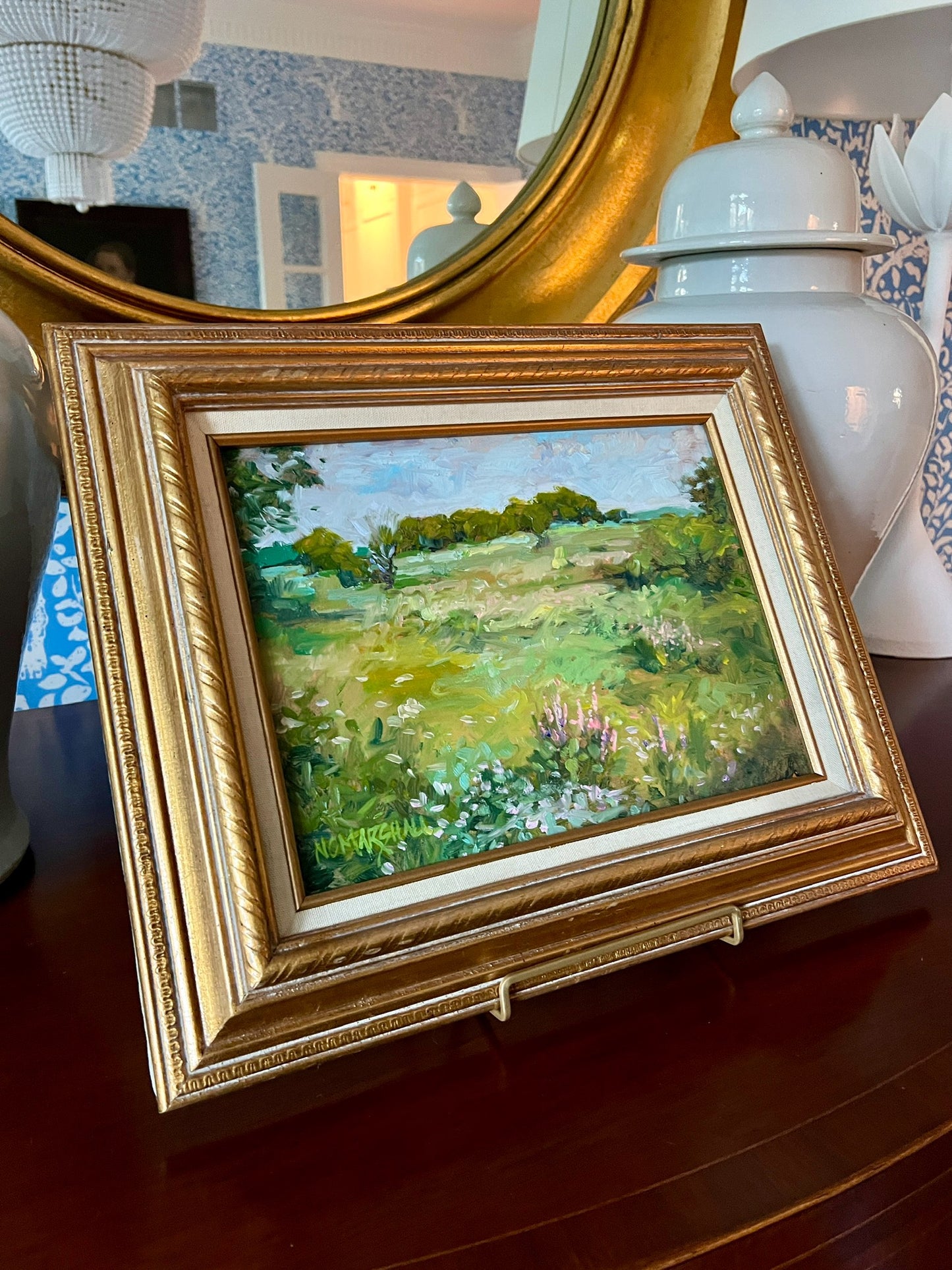 NC Marshall Impressionist Landscape Oil Painting in Gold Rope Frame