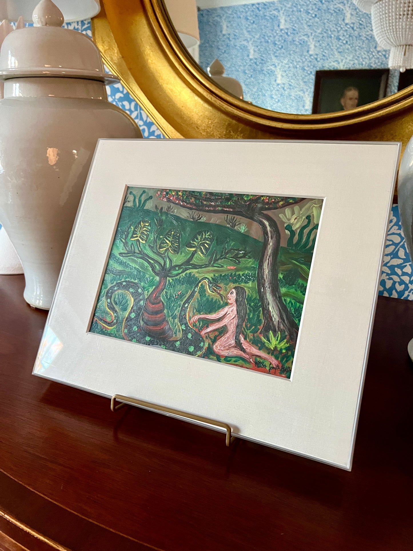 Vintage Eve and the Serpent in the Garden of Eden Folk Oil Painting in Acrylic Frame