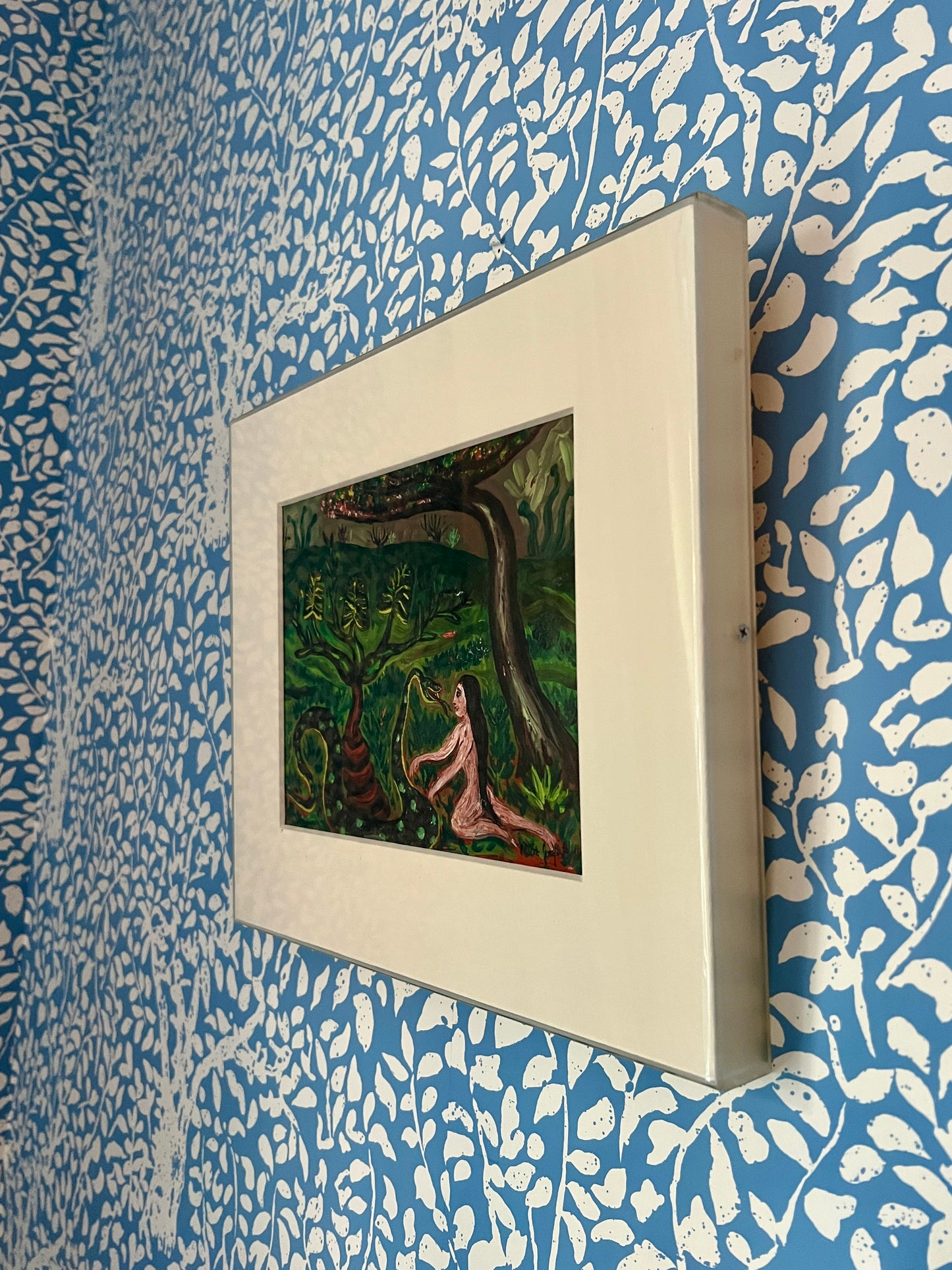 Vintage Eve and the Serpent in the Garden of Eden Folk Oil Painting in Acrylic Frame