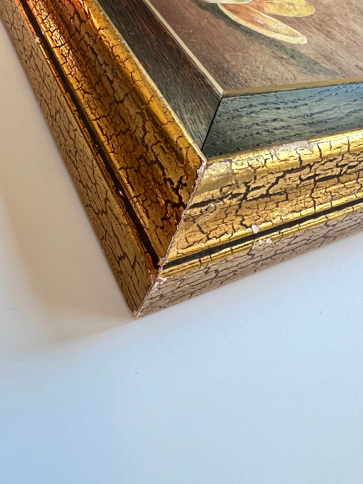 1910 Still Life Apples Grapes Orange Oil Painting in Black and Gold Frame