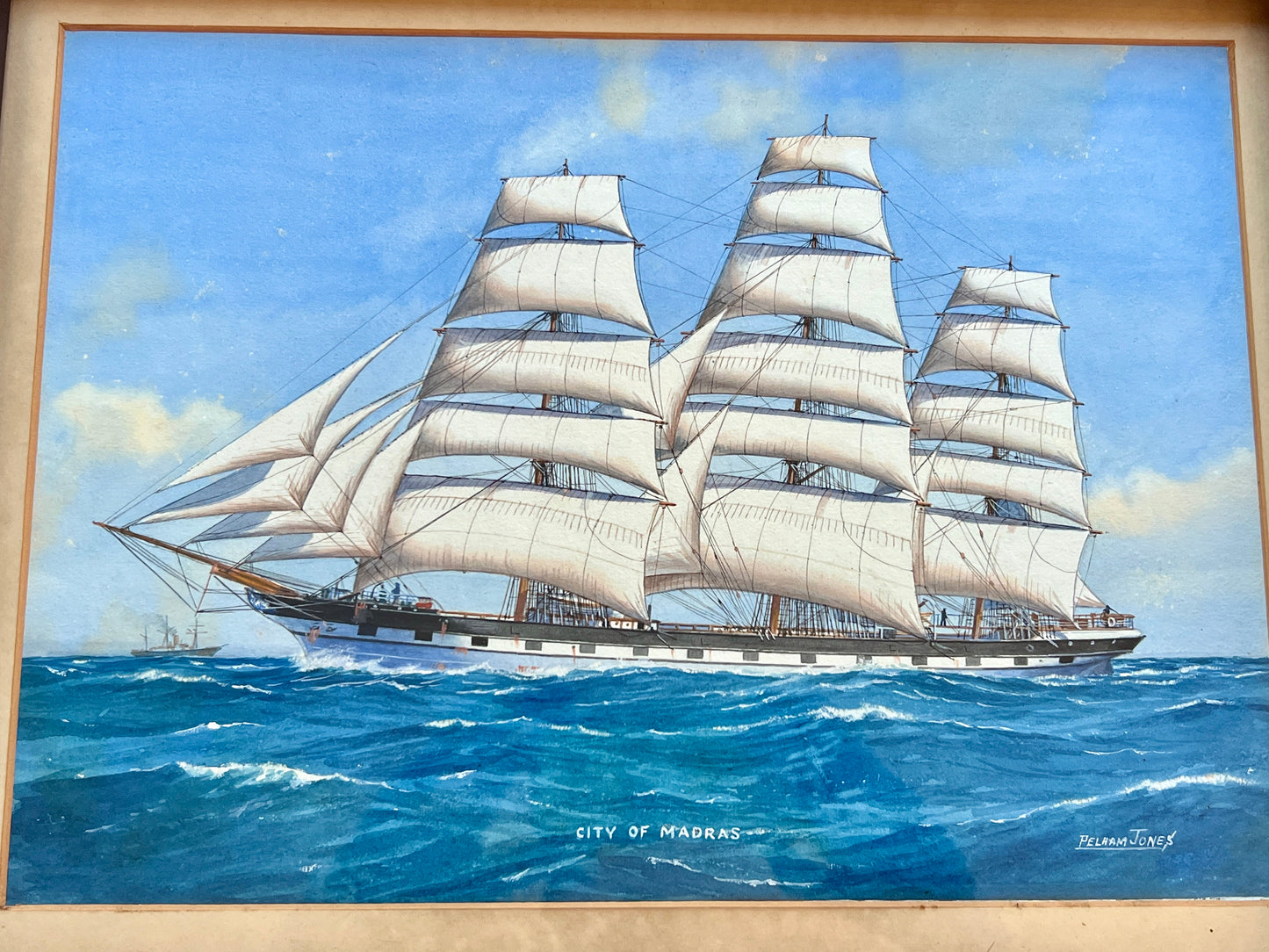 Pelham Jones City of Madras Ship Portrait Painting in Wood Frame
