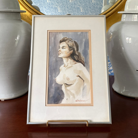 Vintage Keith Hoffman Female Nude Watercolor Portrait in Silver Frame