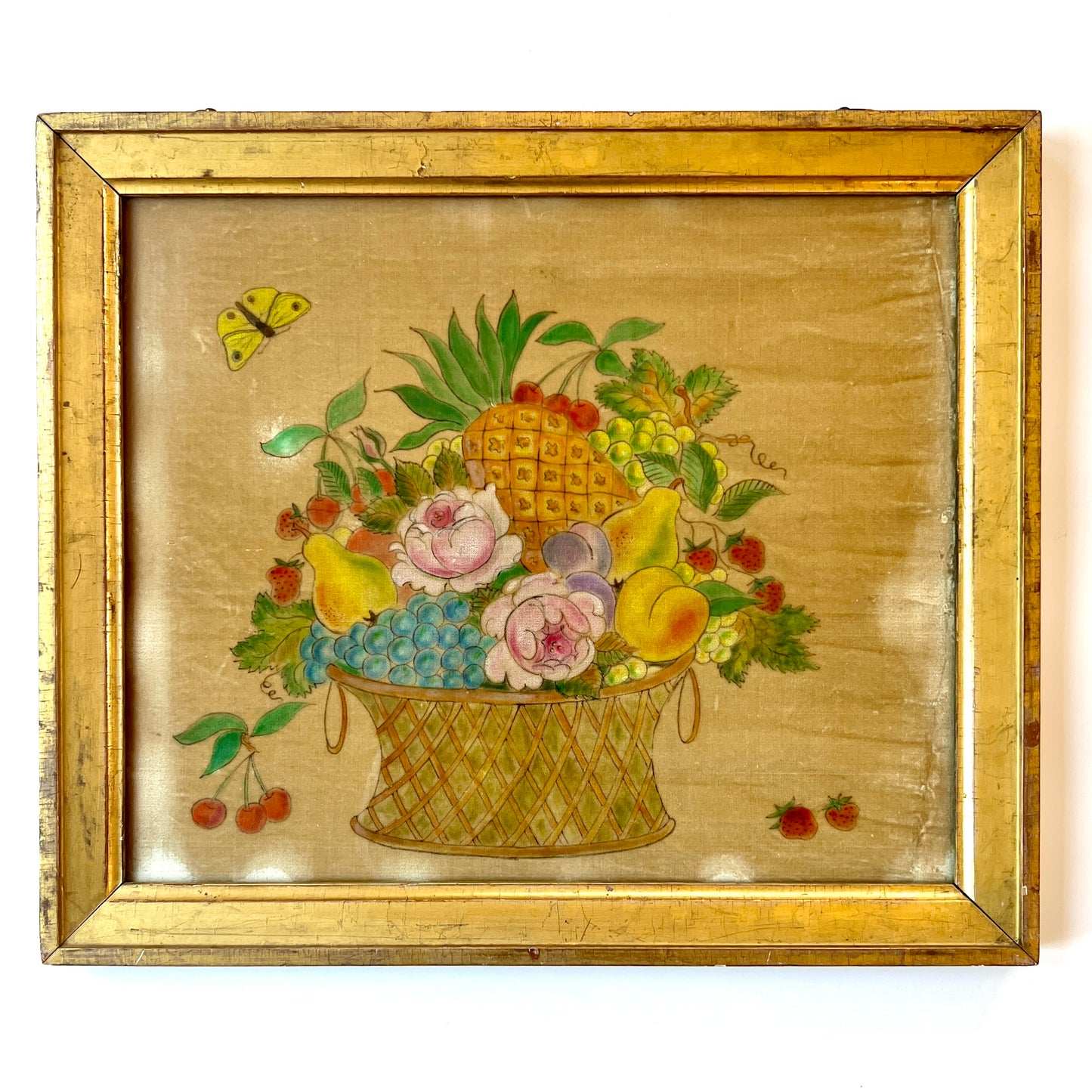 19th Century Oil on Velvet Theorem Fruit Basket with Butterfly in Gold Frame