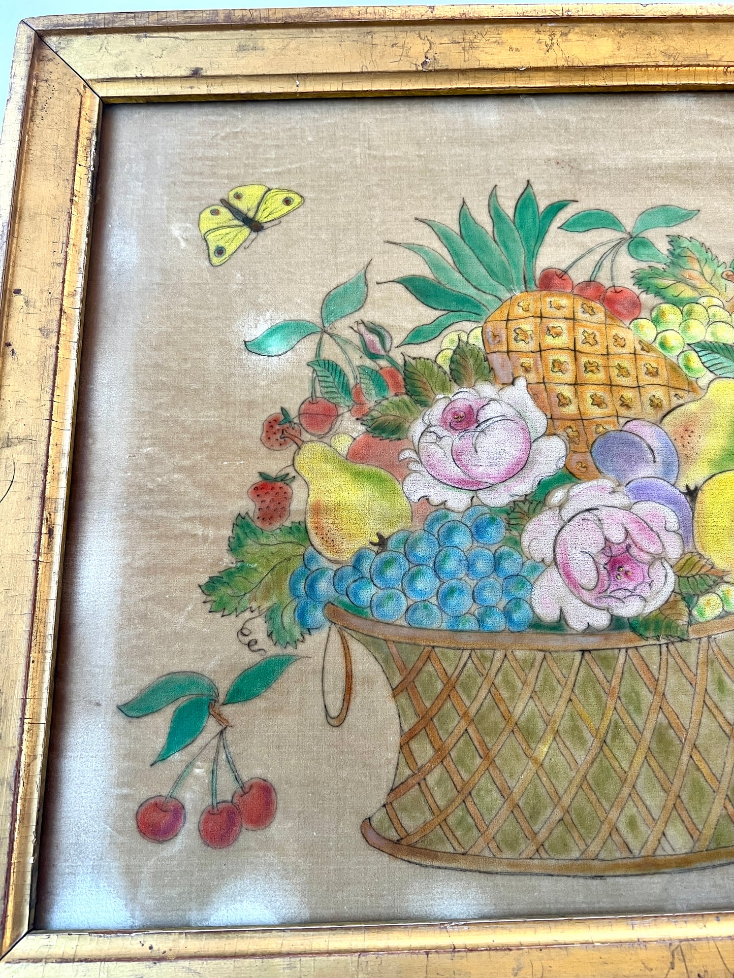 19th Century Oil on Velvet Theorem Fruit Basket with Butterfly in Gold Frame