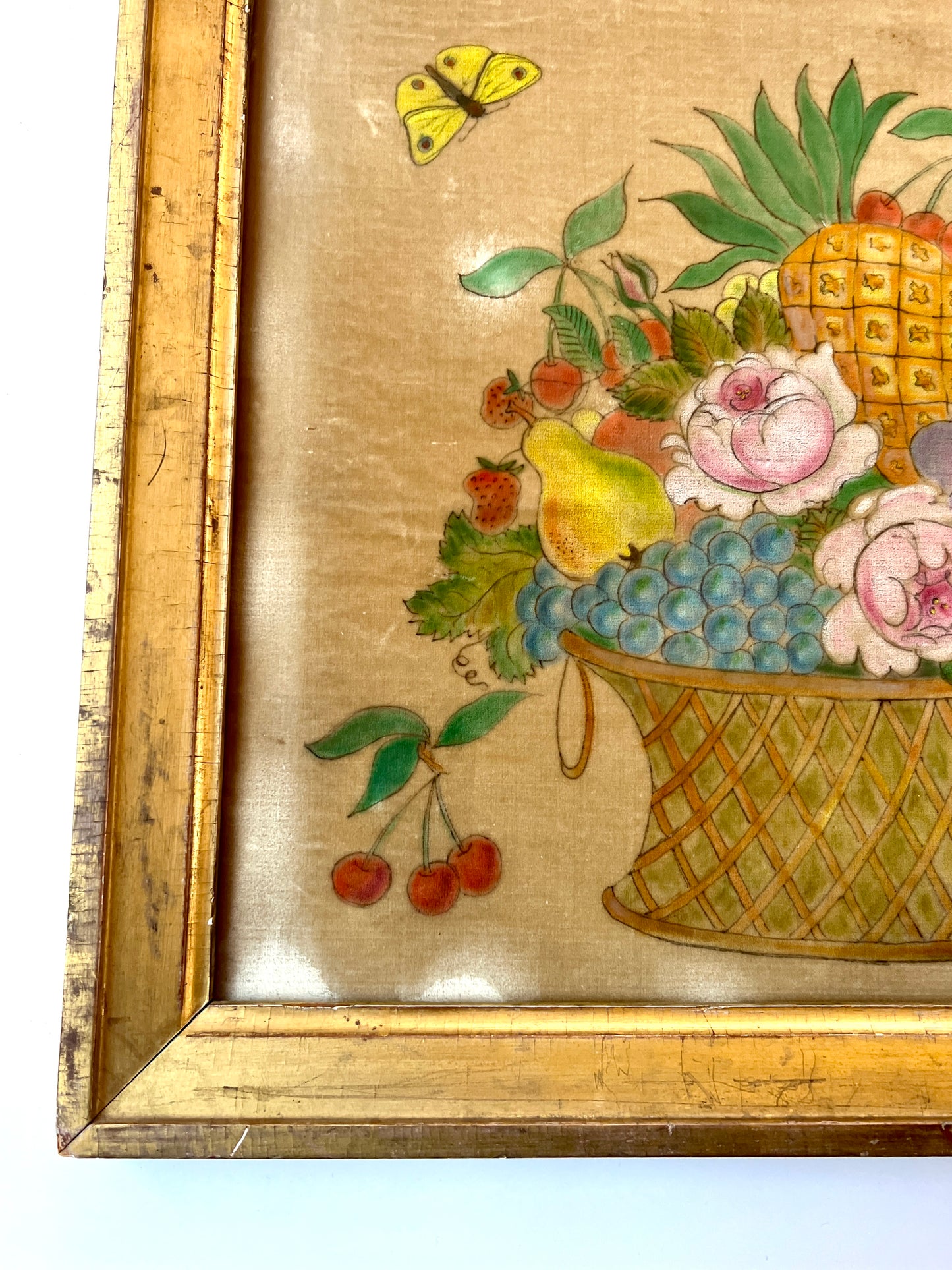 19th Century Oil on Velvet Theorem Fruit Basket with Butterfly in Gold Frame