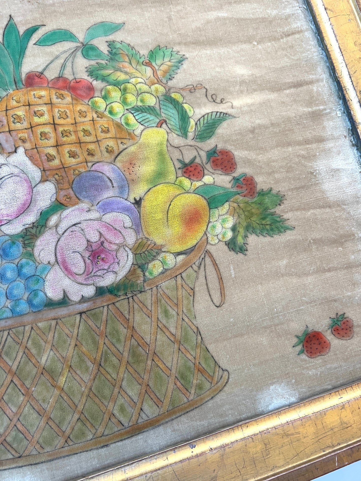 19th Century Oil on Velvet Theorem Fruit Basket with Butterfly in Gold Frame