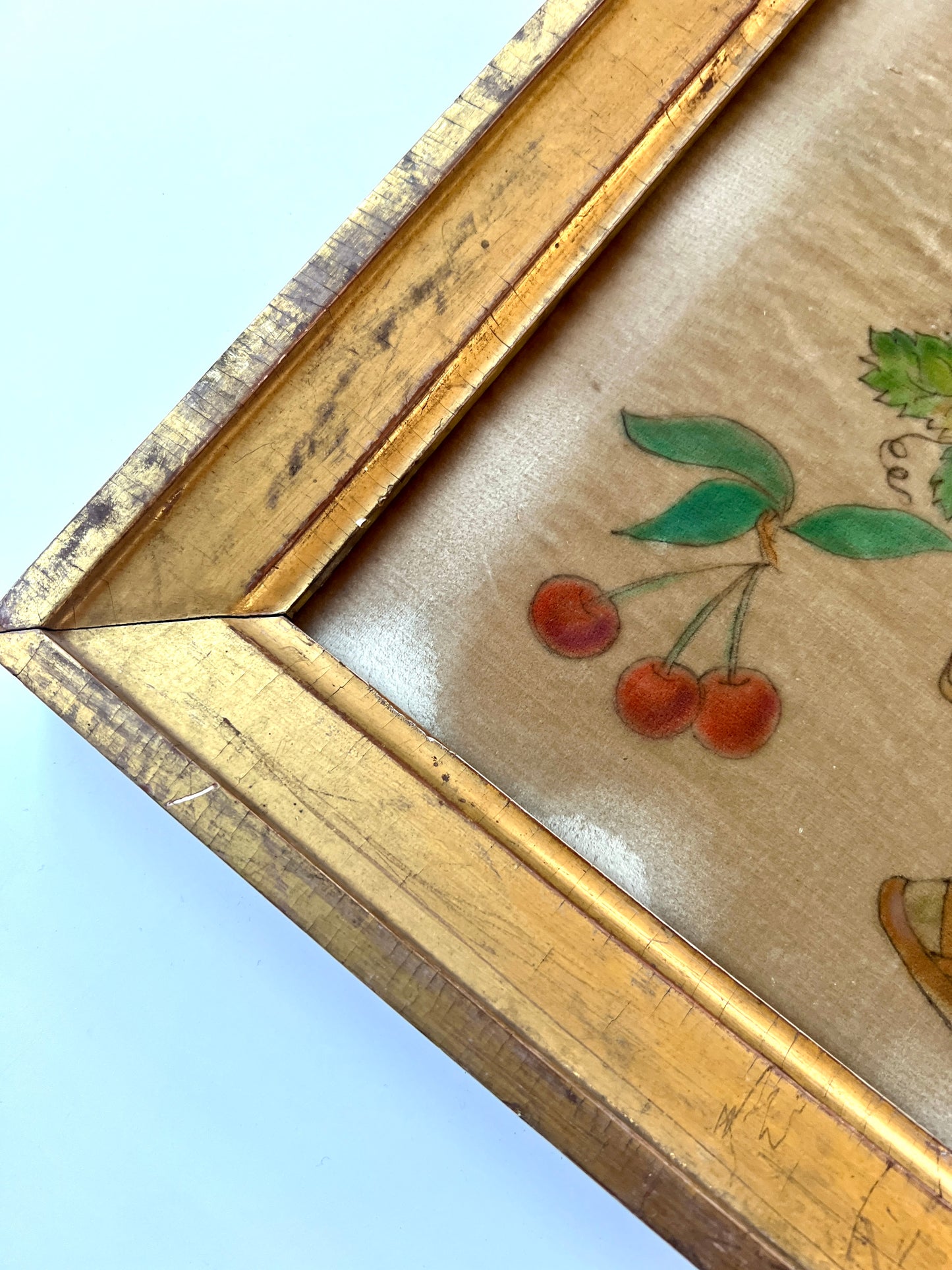 19th Century Oil on Velvet Theorem Fruit Basket with Butterfly in Gold Frame