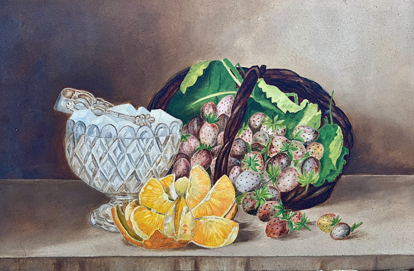 19th Century American Folk Art Still Life Sugar Cubes and Basket of Strawberries in Gold Frame