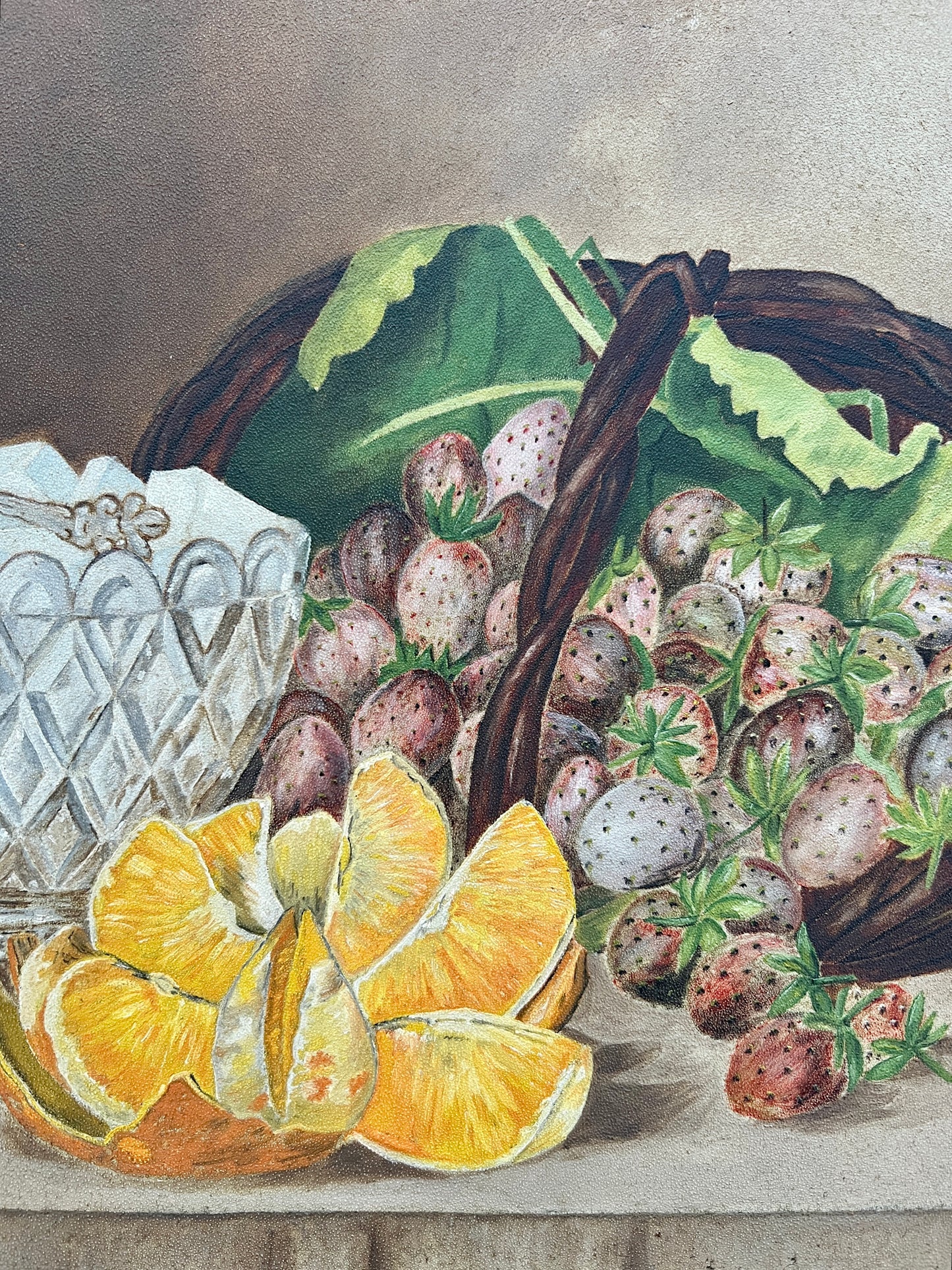 19th Century American Folk Art Still Life Sugar Cubes and Basket of Strawberries in Gold Frame