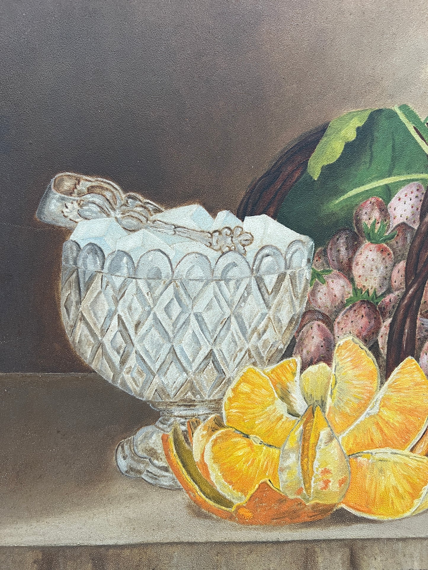 19th Century American Folk Art Still Life Sugar Cubes and Basket of Strawberries in Gold Frame