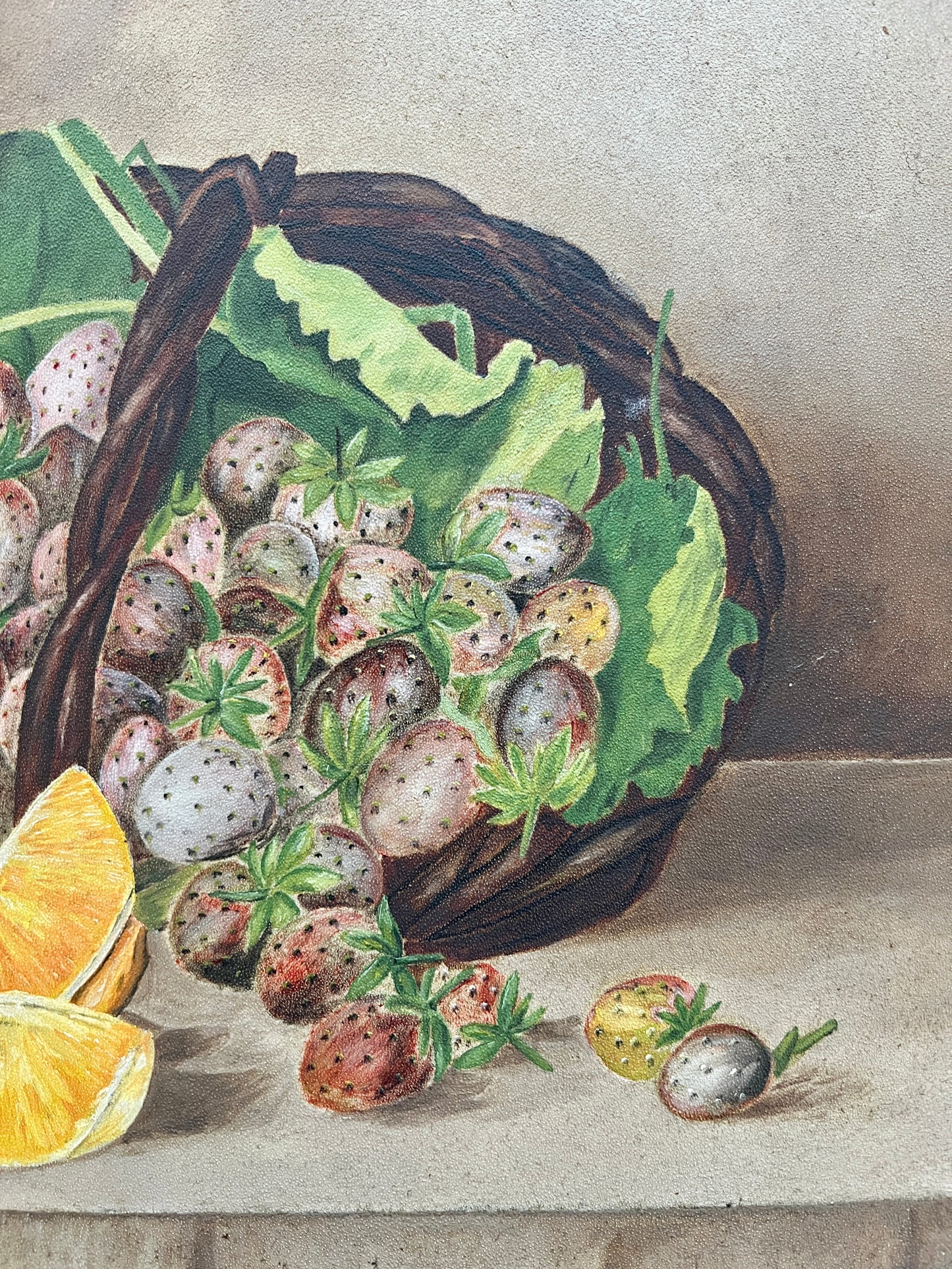 19th Century American Folk Art Still Life Sugar Cubes and Basket of Strawberries in Gold Frame