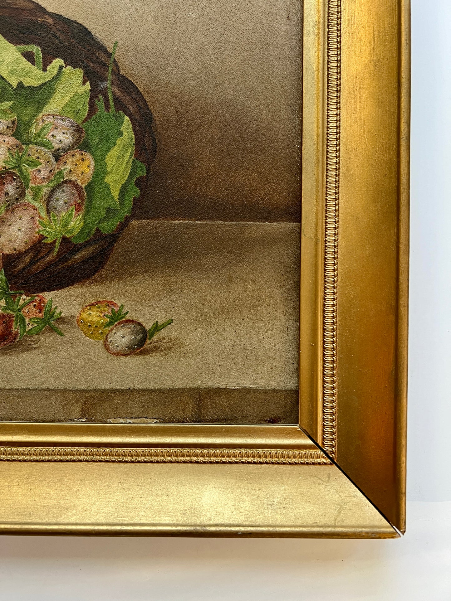 19th Century American Folk Art Still Life Sugar Cubes and Basket of Strawberries in Gold Frame