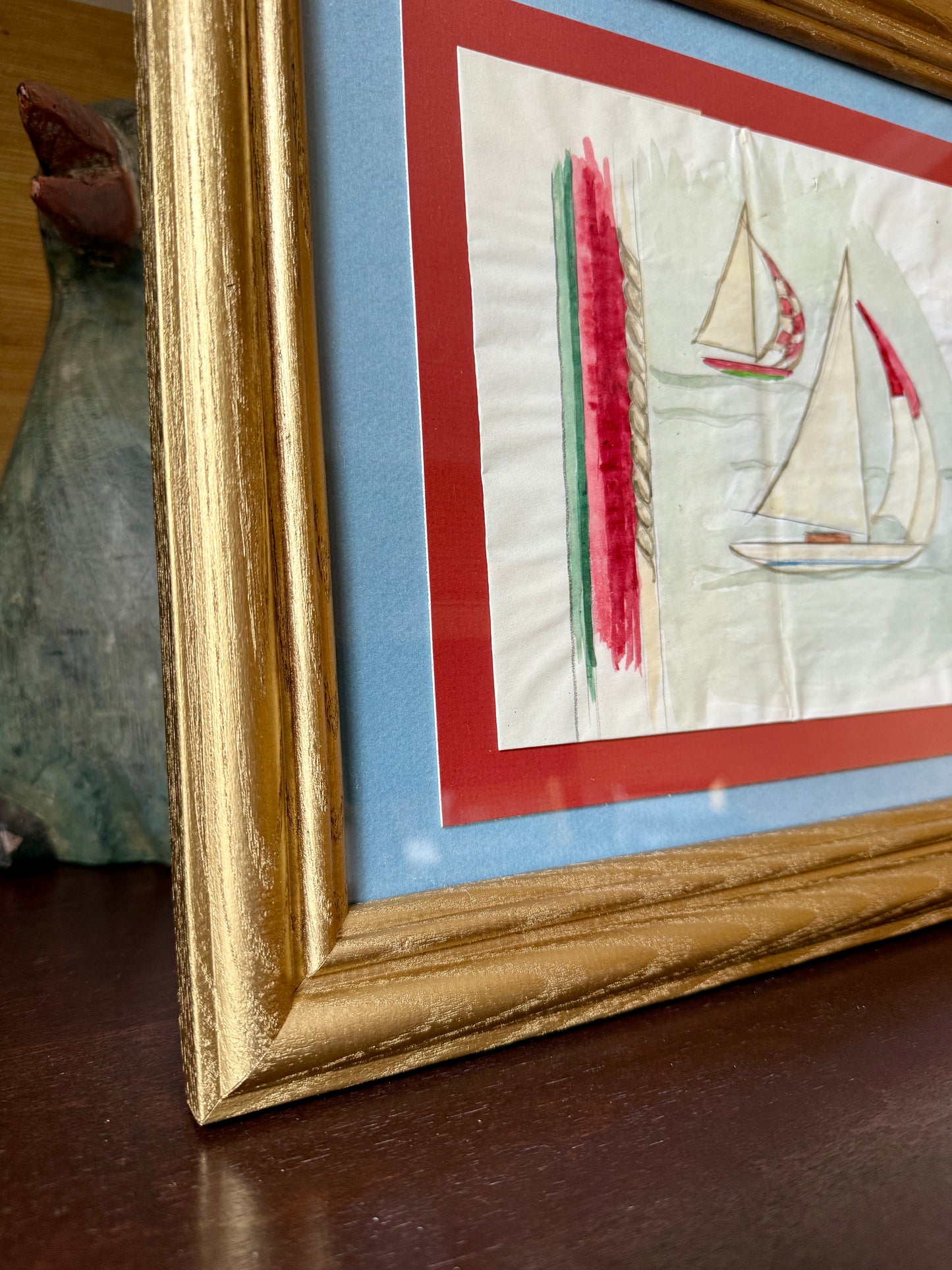 George Wells Nautical Sailboat Rug Design Sketch in Gilded Wood Frame