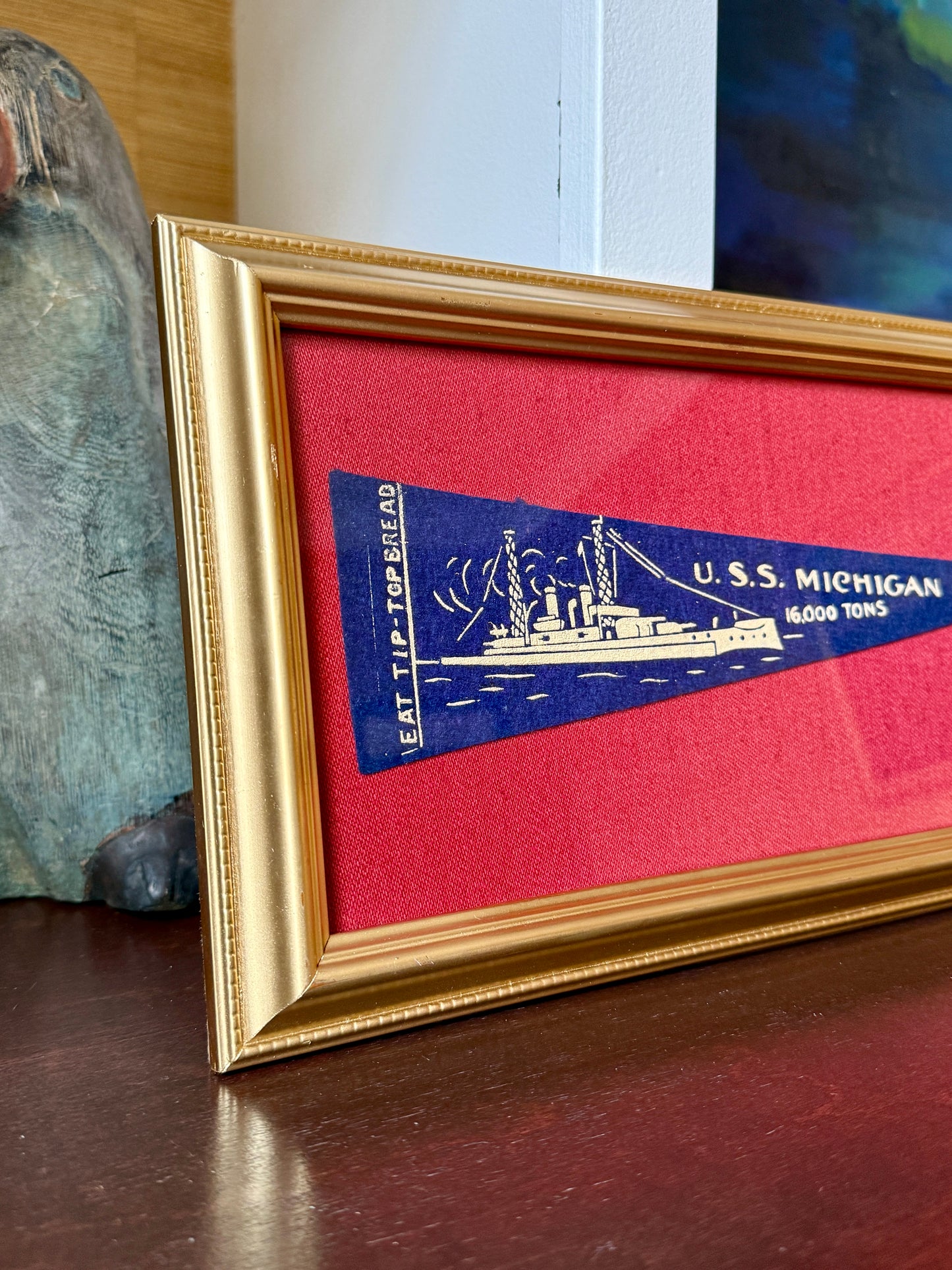 Early 20th Century U.S.S. Michigan Naval Ship Wool Pennant on Red Pique in Gold Frame