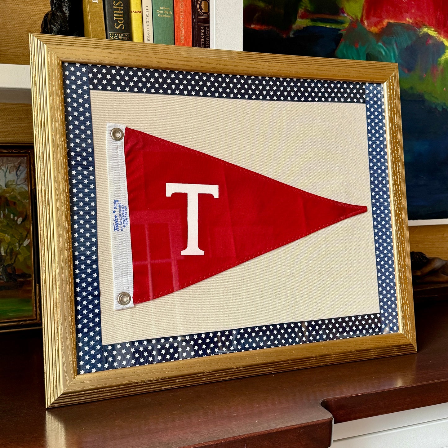 Vintage "T" Initial Canvas Burgee Nautical Flag on Ivory Twill with Navy Star Trim in Gold Frame