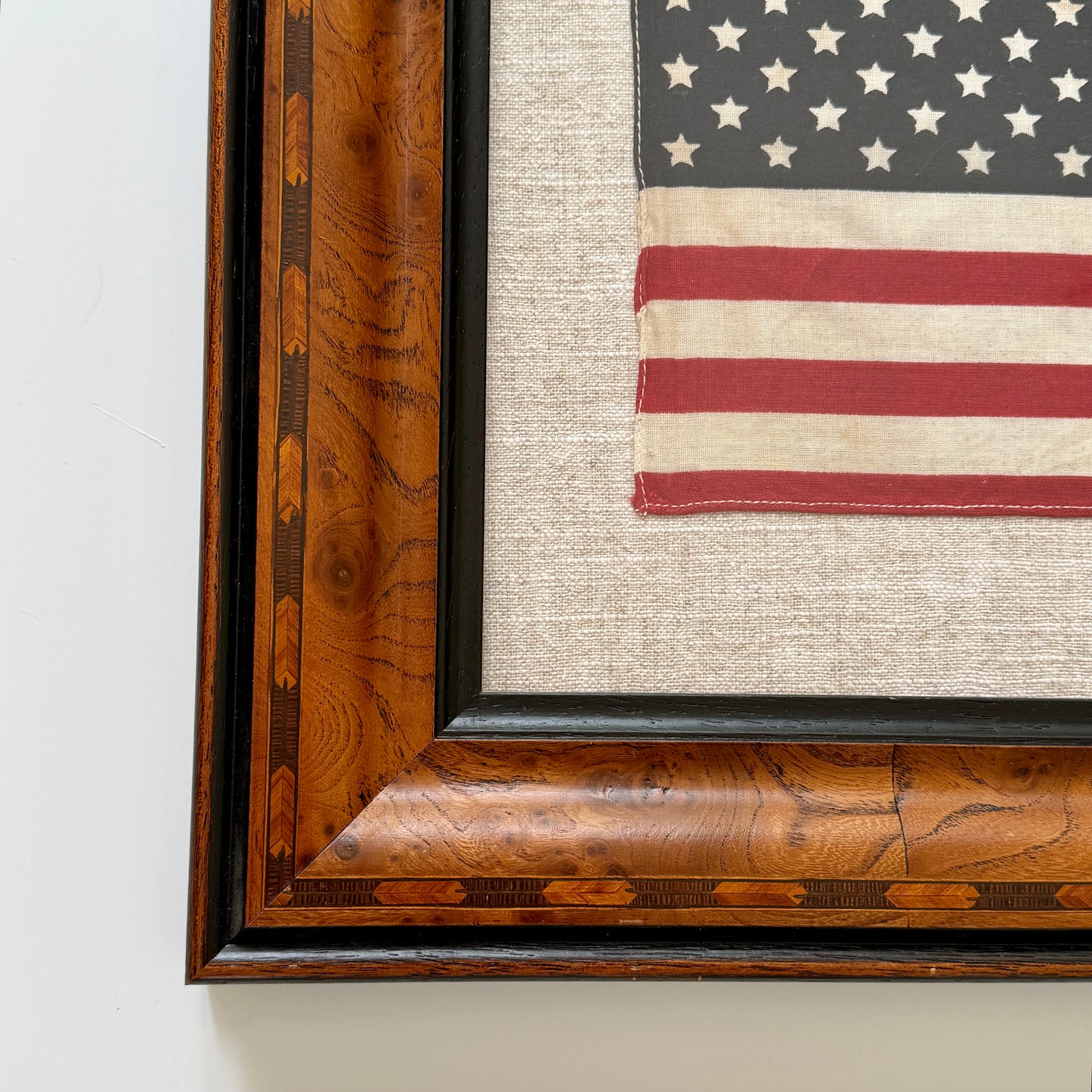 Vintage 50 Star American Flag on Natural Linen in Marquetry Wood Frame