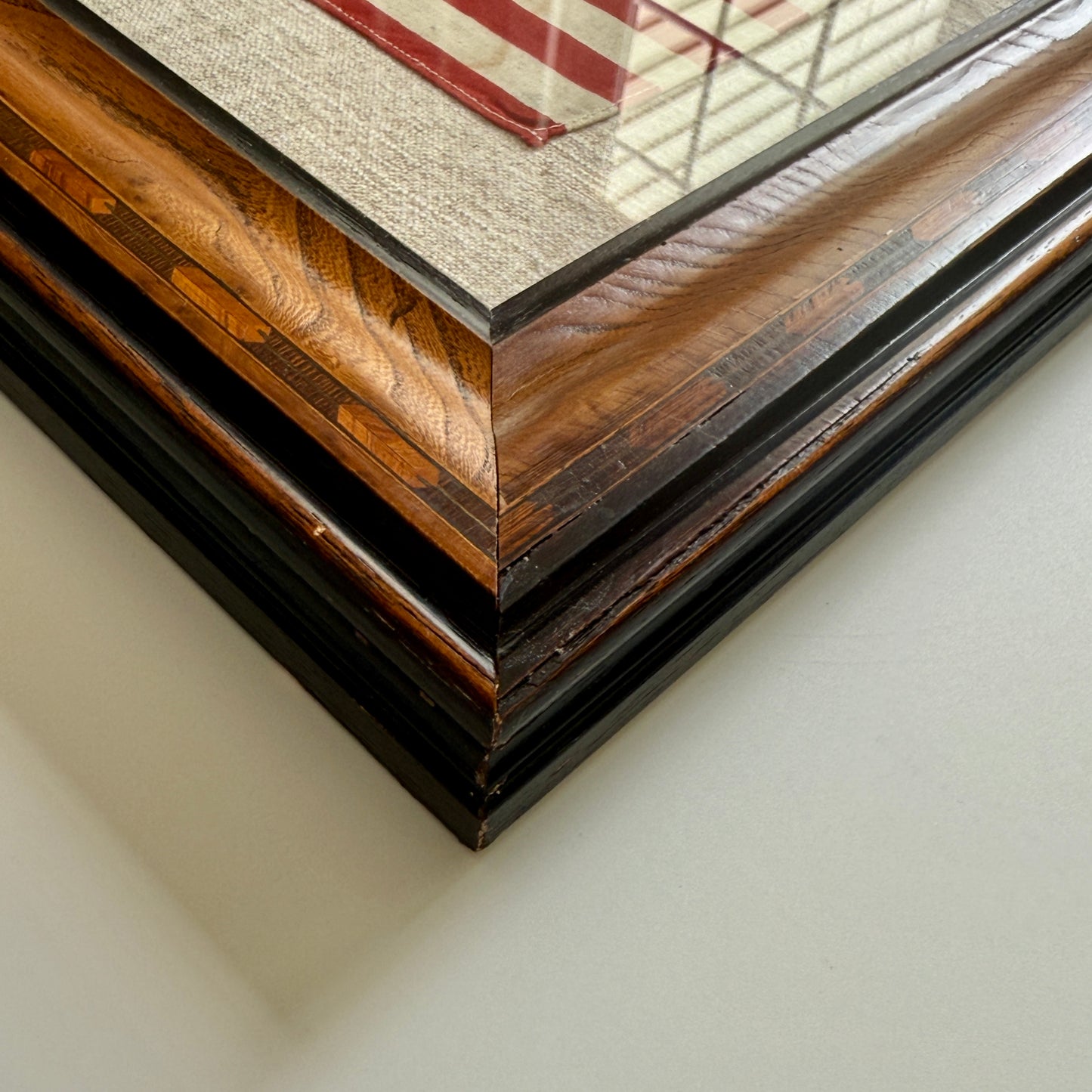 Vintage 50 Star American Flag on Natural Linen in Marquetry Wood Frame