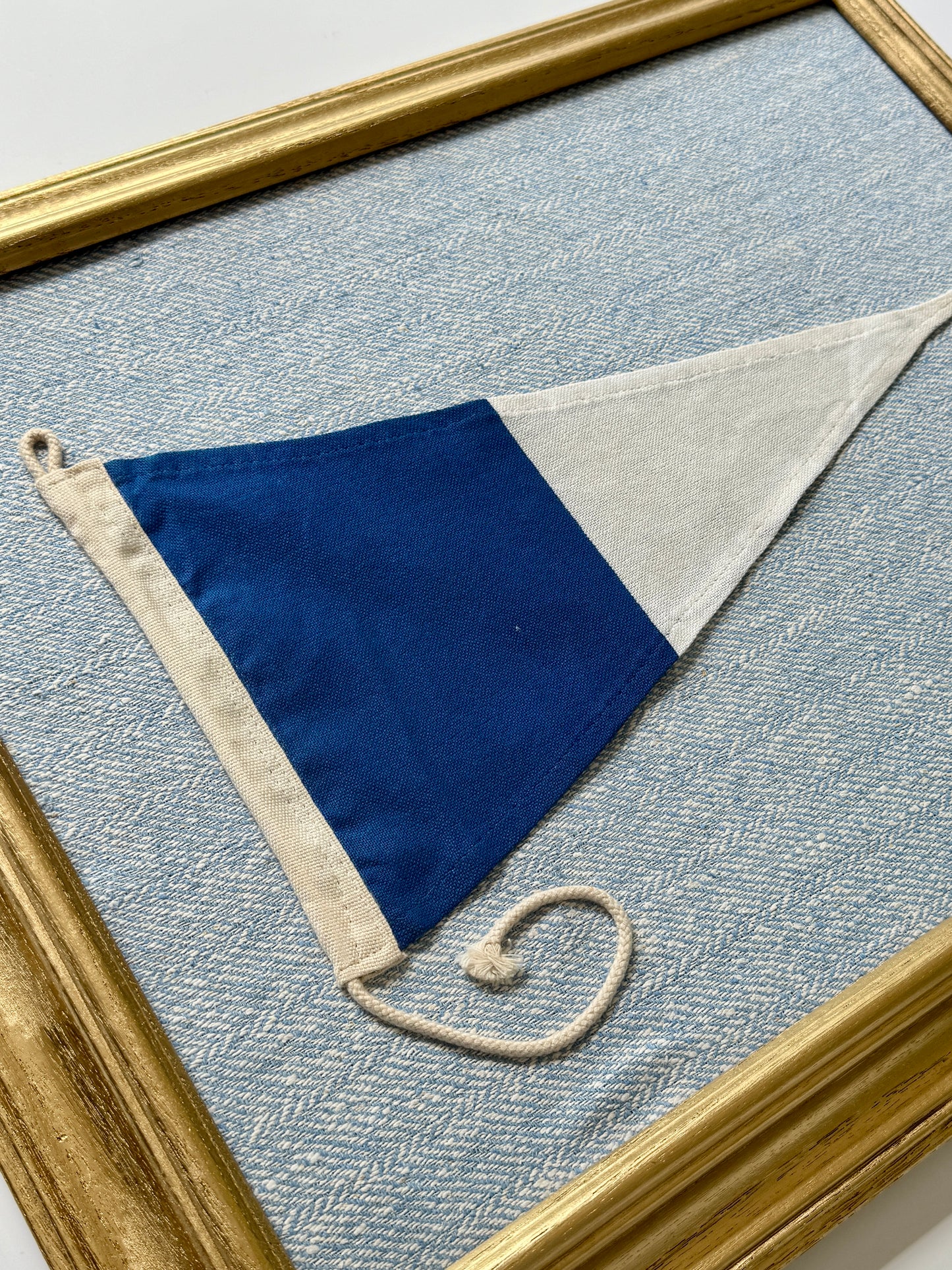 Vintage Second Substitute Burgee Nautical Flag on Blue Herringbone Fabric in Gold Frame